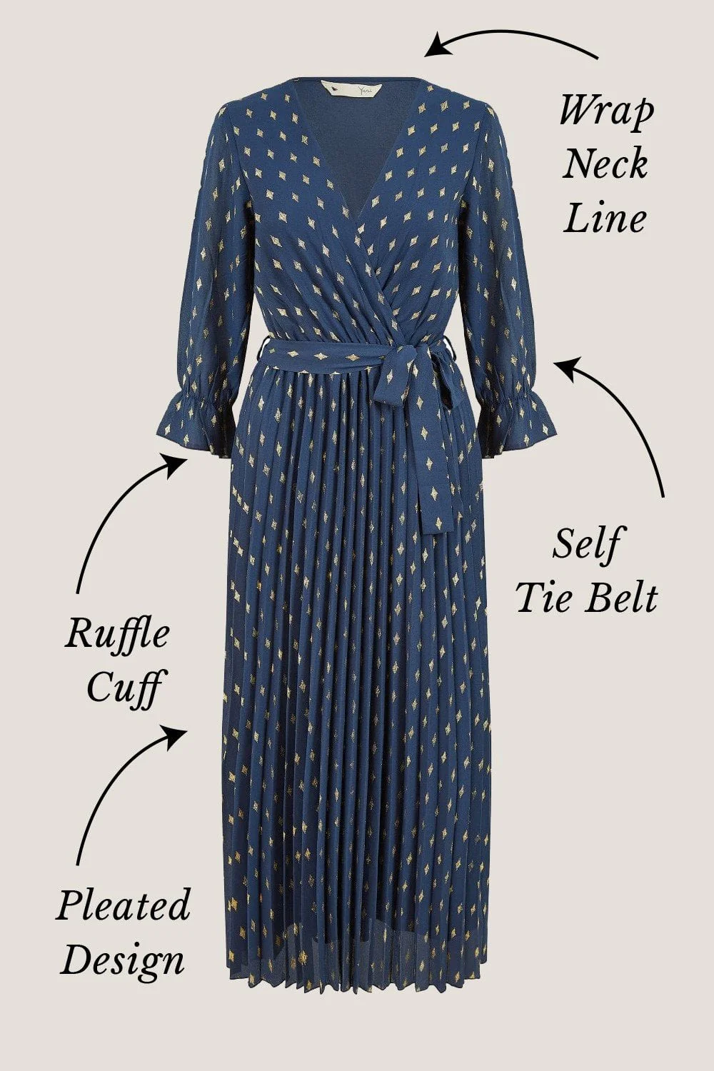 Yumi Navy Foil Printed Pleated Wrap Midi Dress - Image 3