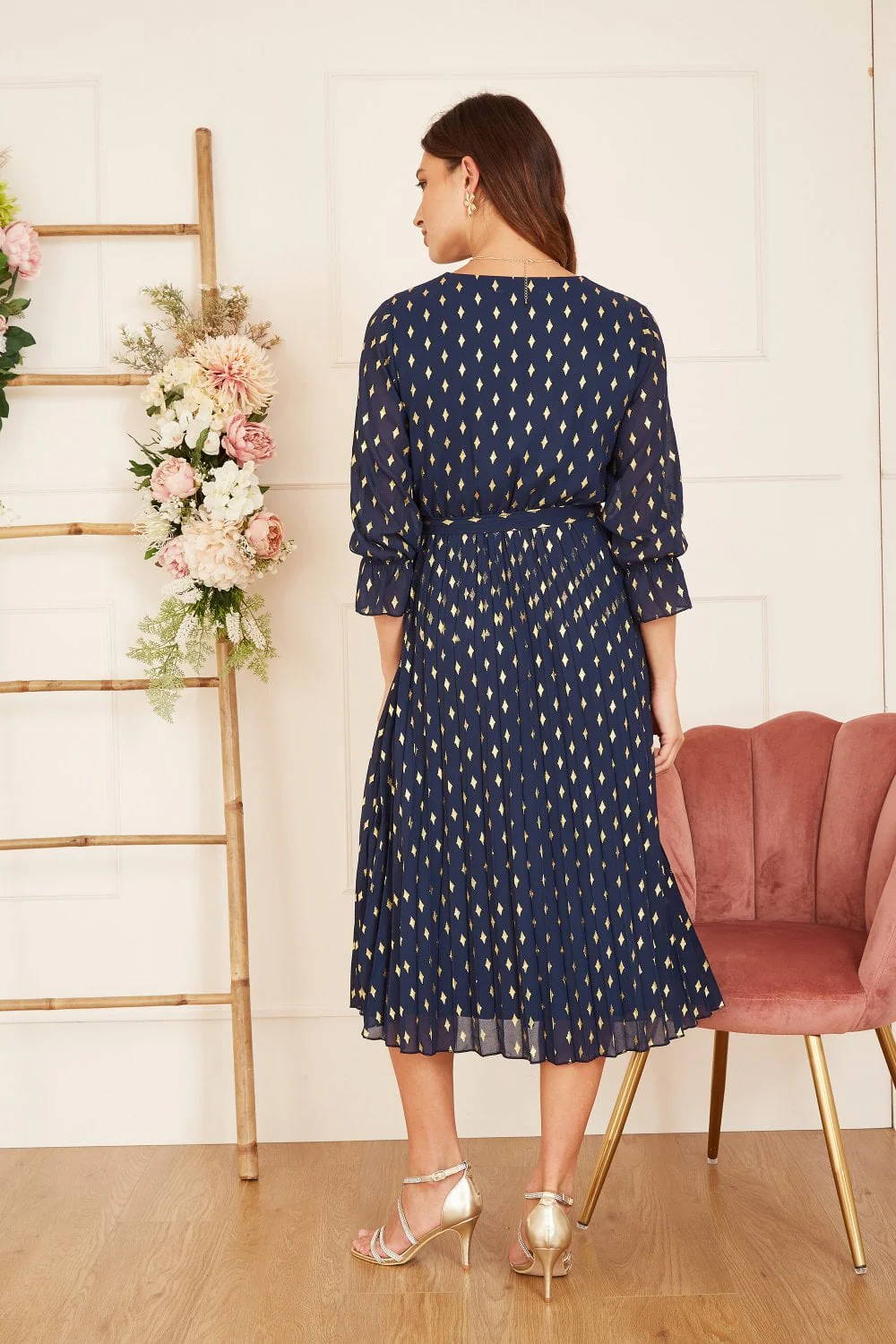 Yumi Navy Foil Printed Pleated Wrap Midi Dress - Image 4