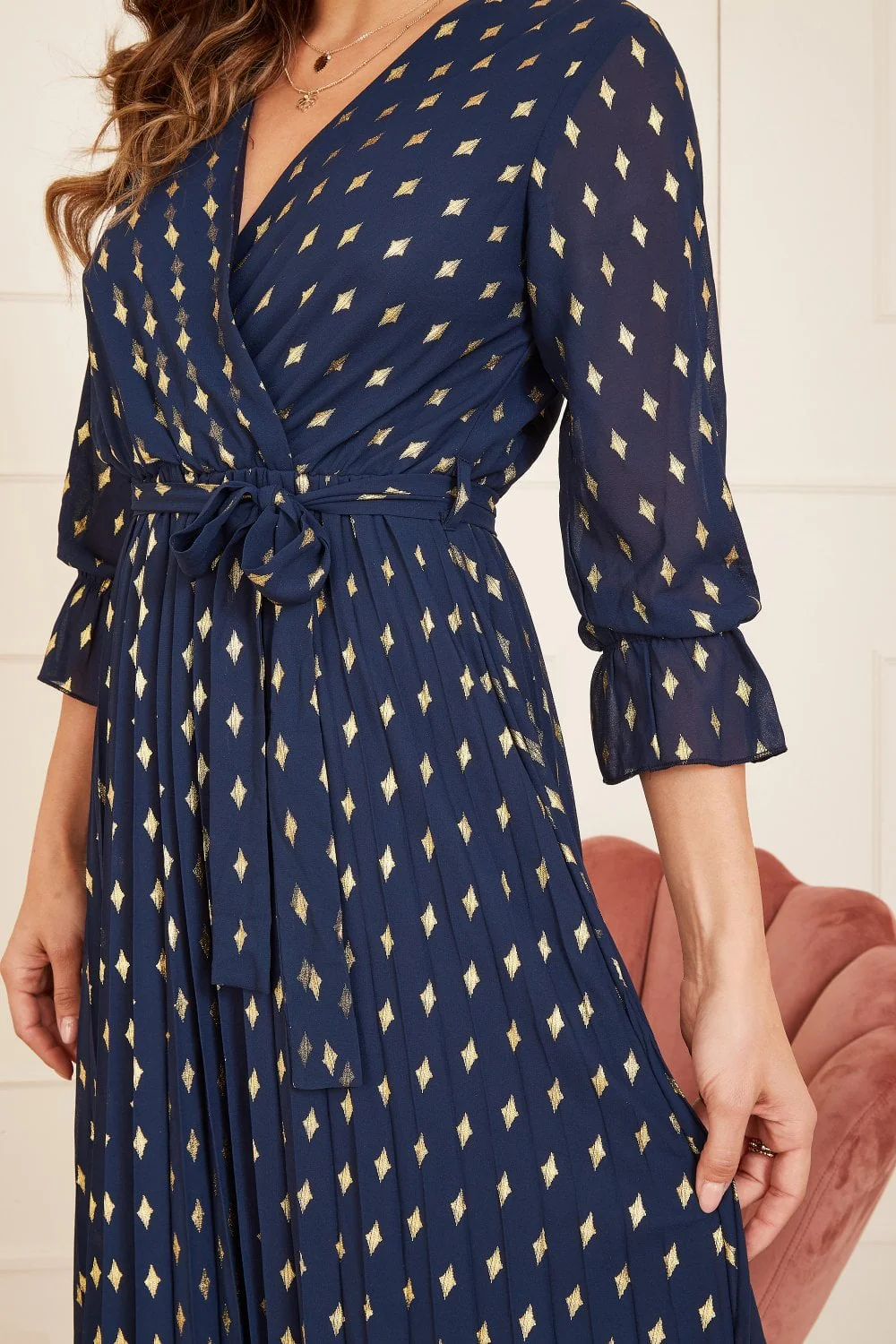Yumi Navy Foil Printed Pleated Wrap Midi Dress - Image 5