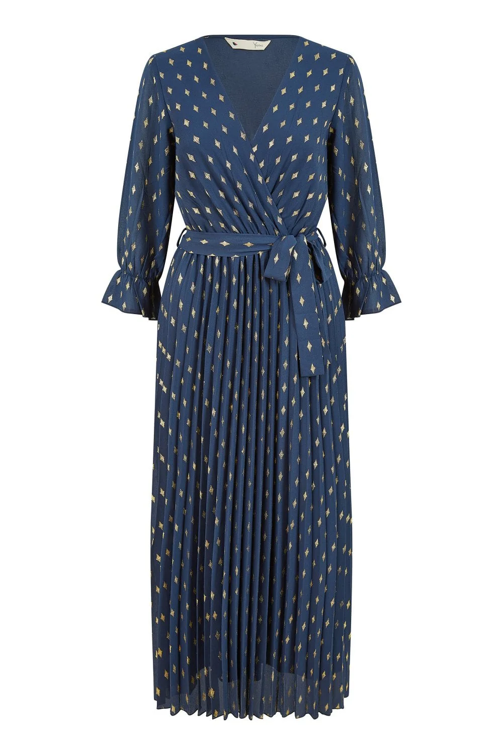 Yumi Navy Foil Printed Pleated Wrap Midi Dress - Image 6