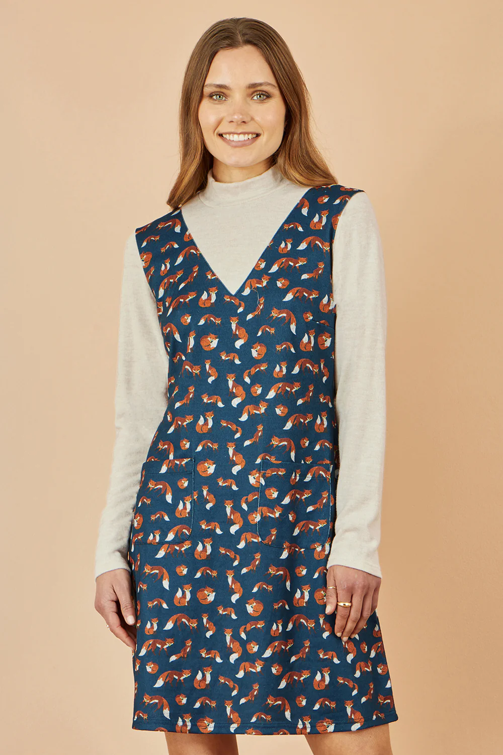 Yumi Navy Fox Long Sleeve Layered Tunic Dress With Front Pocket - Image 3