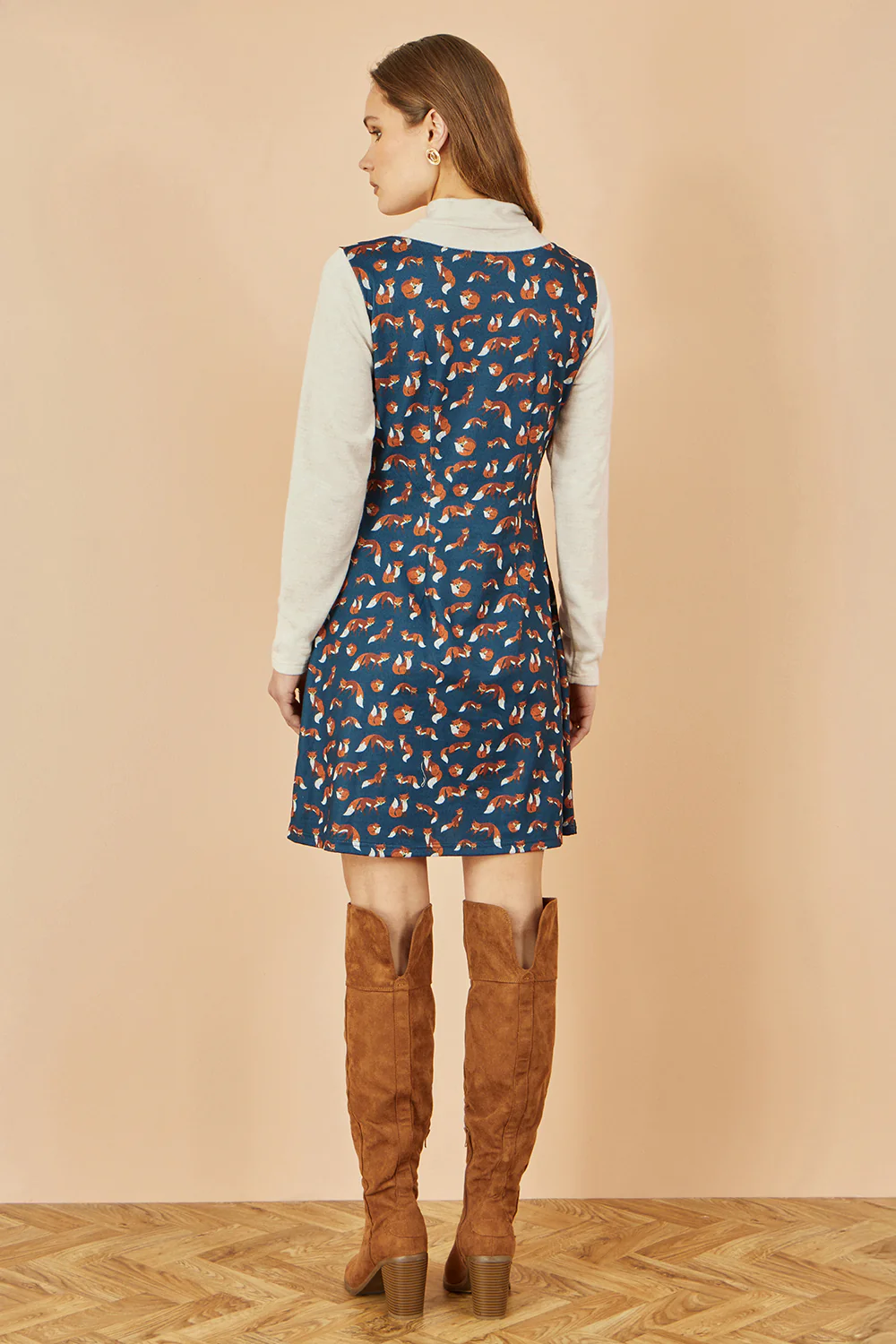 Yumi Navy Fox Long Sleeve Layered Tunic Dress With Front Pocket - Image 4