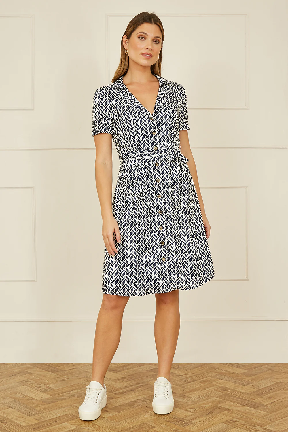 Yumi Navy Geo Print Retro Style Shirt Dress - Image 3
