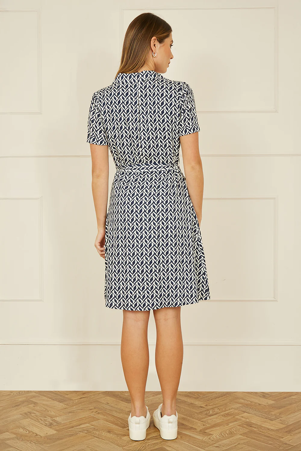 Yumi Navy Geo Print Retro Style Shirt Dress - Image 4