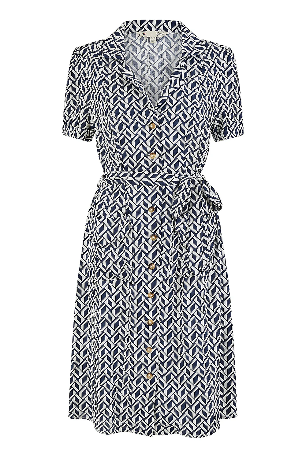 Yumi Navy Geo Print Retro Style Shirt Dress - Image 7