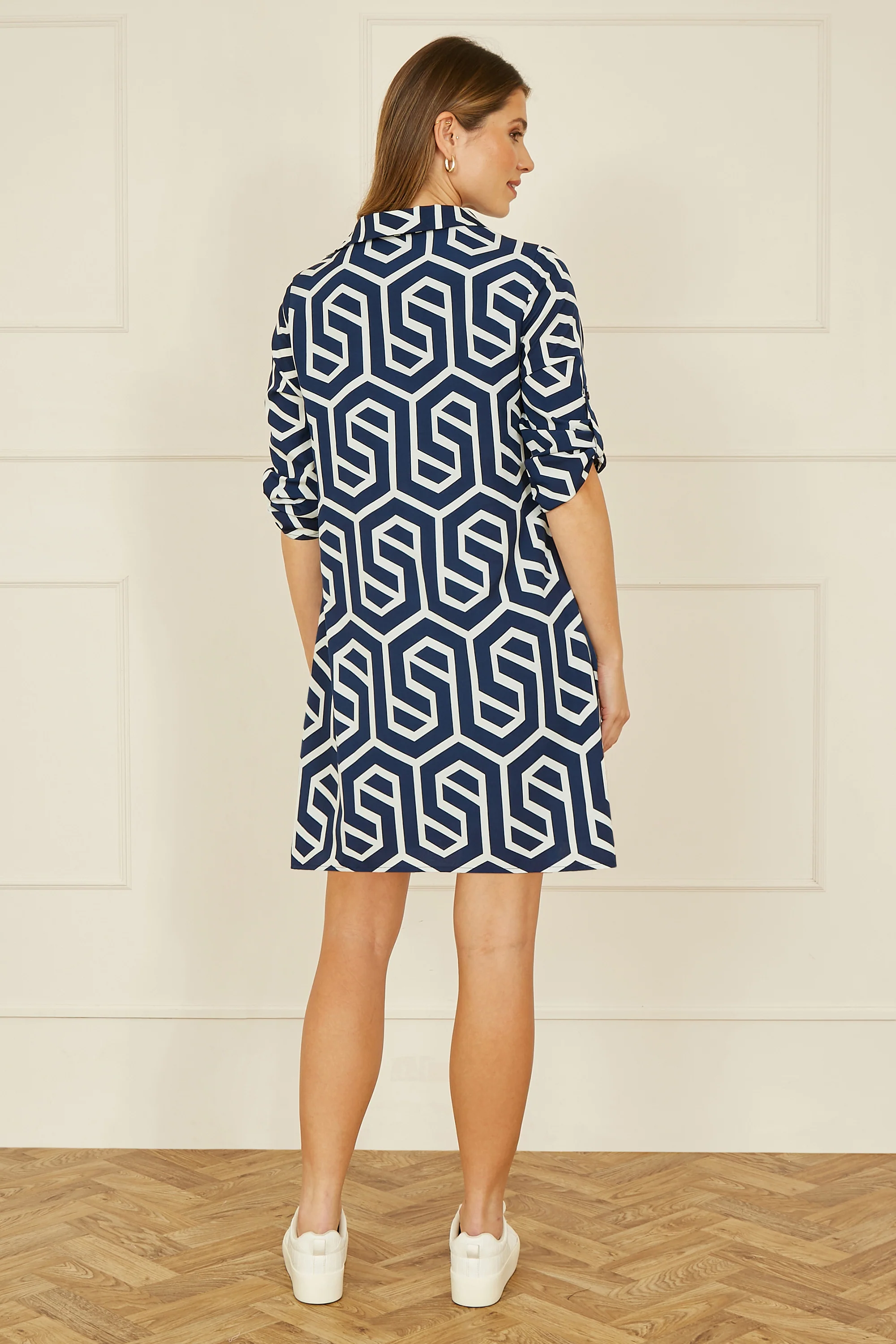 Yumi Navy Geo Print Tunic With Pockets - Image 3