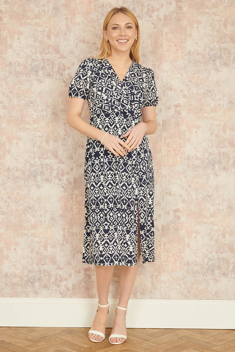 Yumi Navy Ikat Print Midi Dress With Split Hem - Image 2