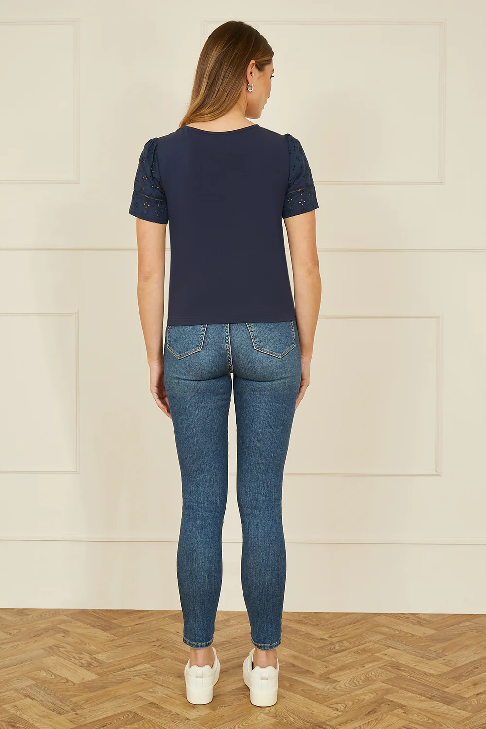 Yumi Navy Jersey Button Detail T-Shirt With Broderie Anglaise Sleeves And Tie Front - Image 3