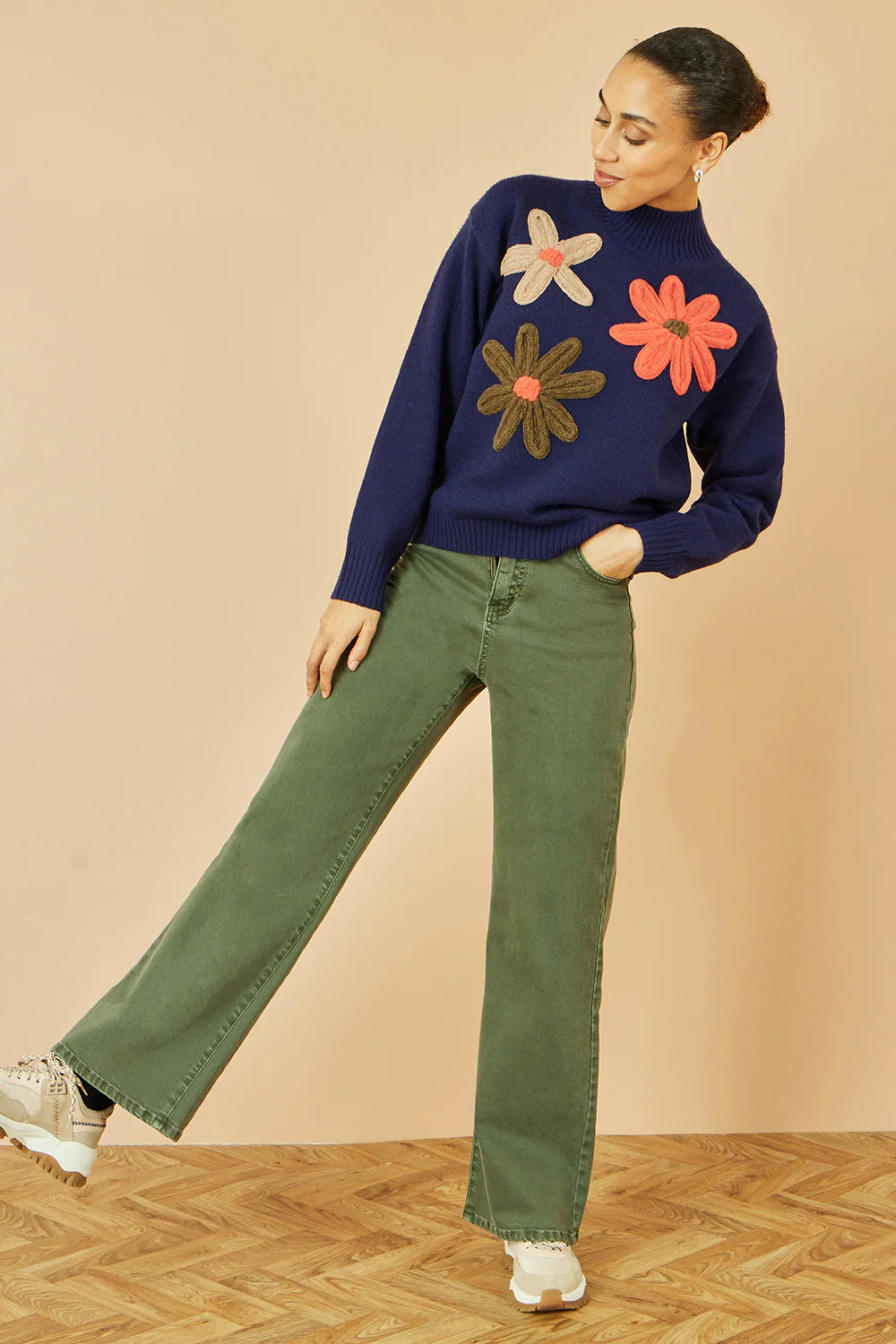 Yumi Navy Knitted High Neck Jumper With Applique Flowers - Image 3