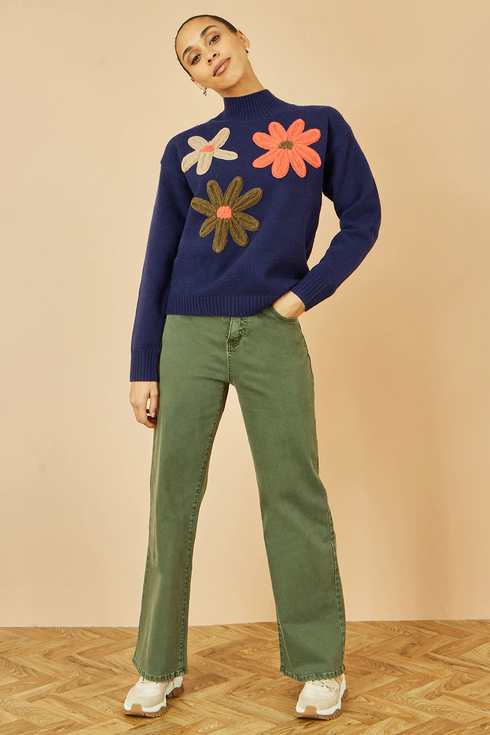 Yumi Navy Knitted High Neck Jumper With Applique Flowers - Image 4