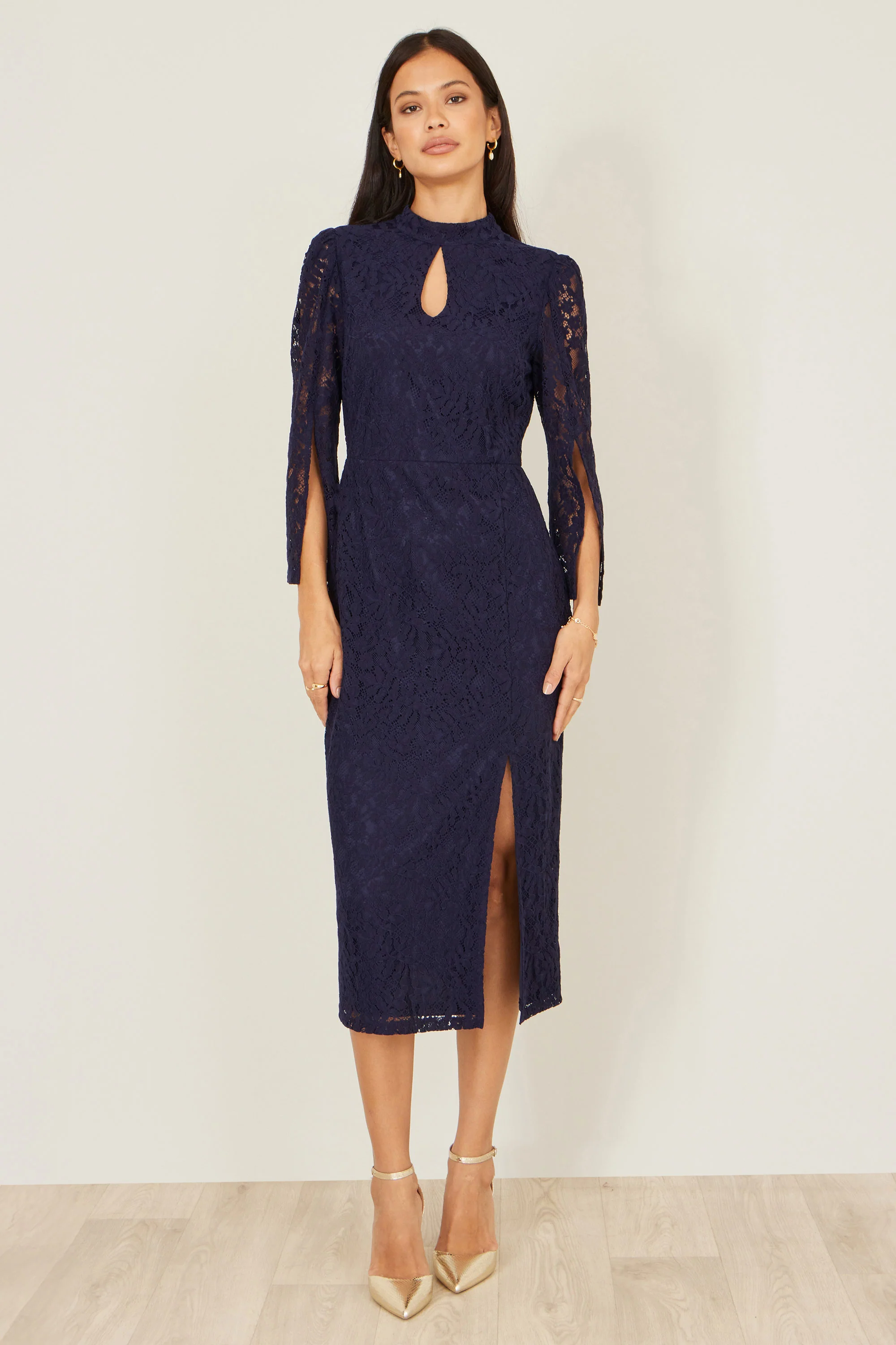 Yumi Navy Lace Fitted Midi Dress With Flute Sleeves - Image 3