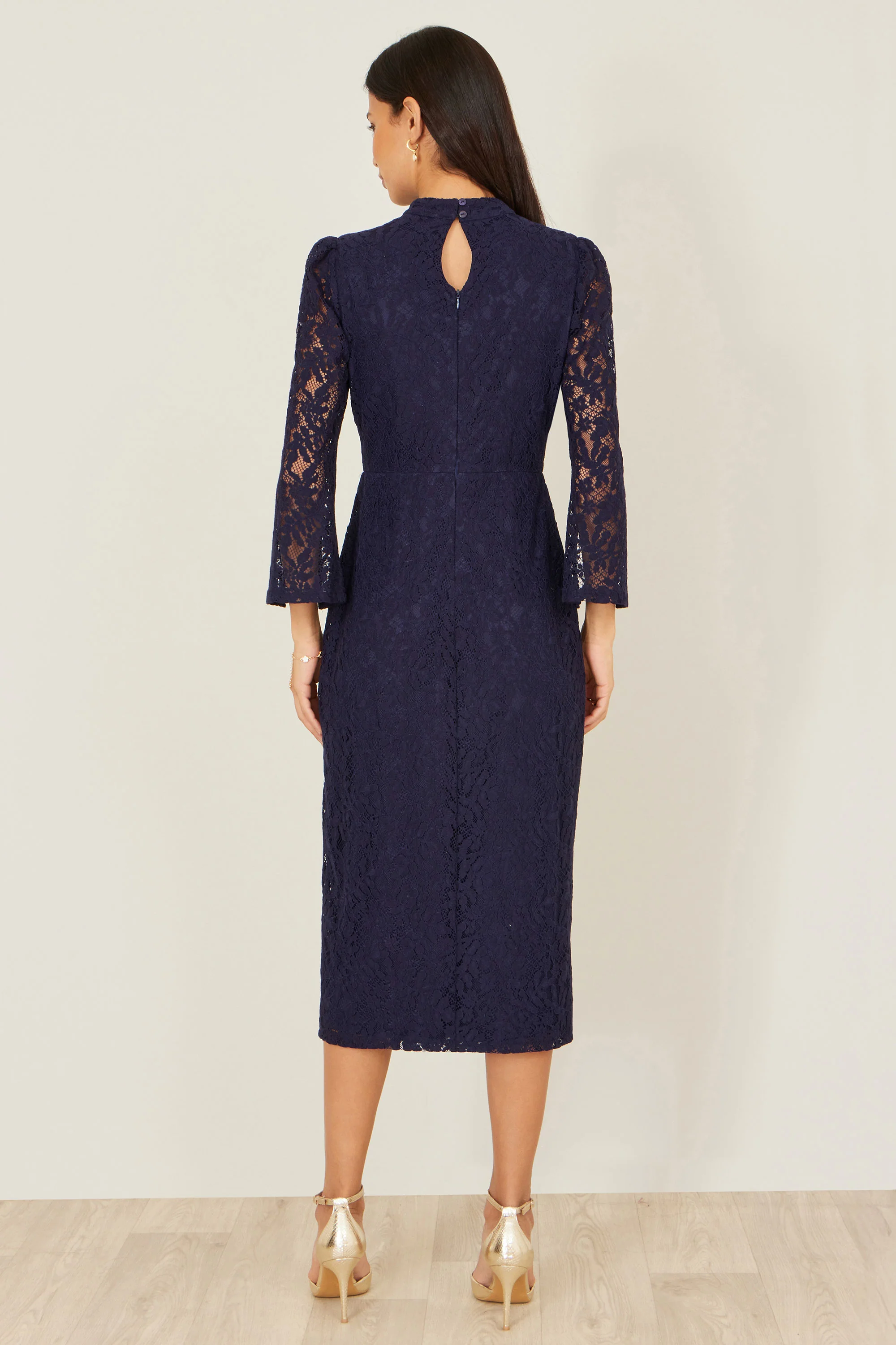Yumi Navy Lace Fitted Midi Dress With Flute Sleeves - Image 5