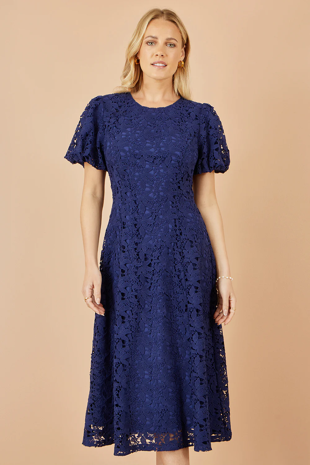 Yumi Navy Lace Midi Skater Dress - Image 3