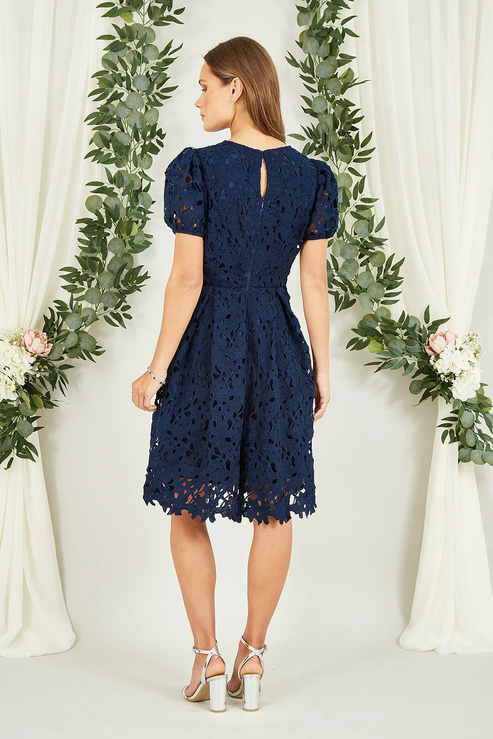 Yumi Navy Lace Skater Dress With Puff Sleeves - Image 5
