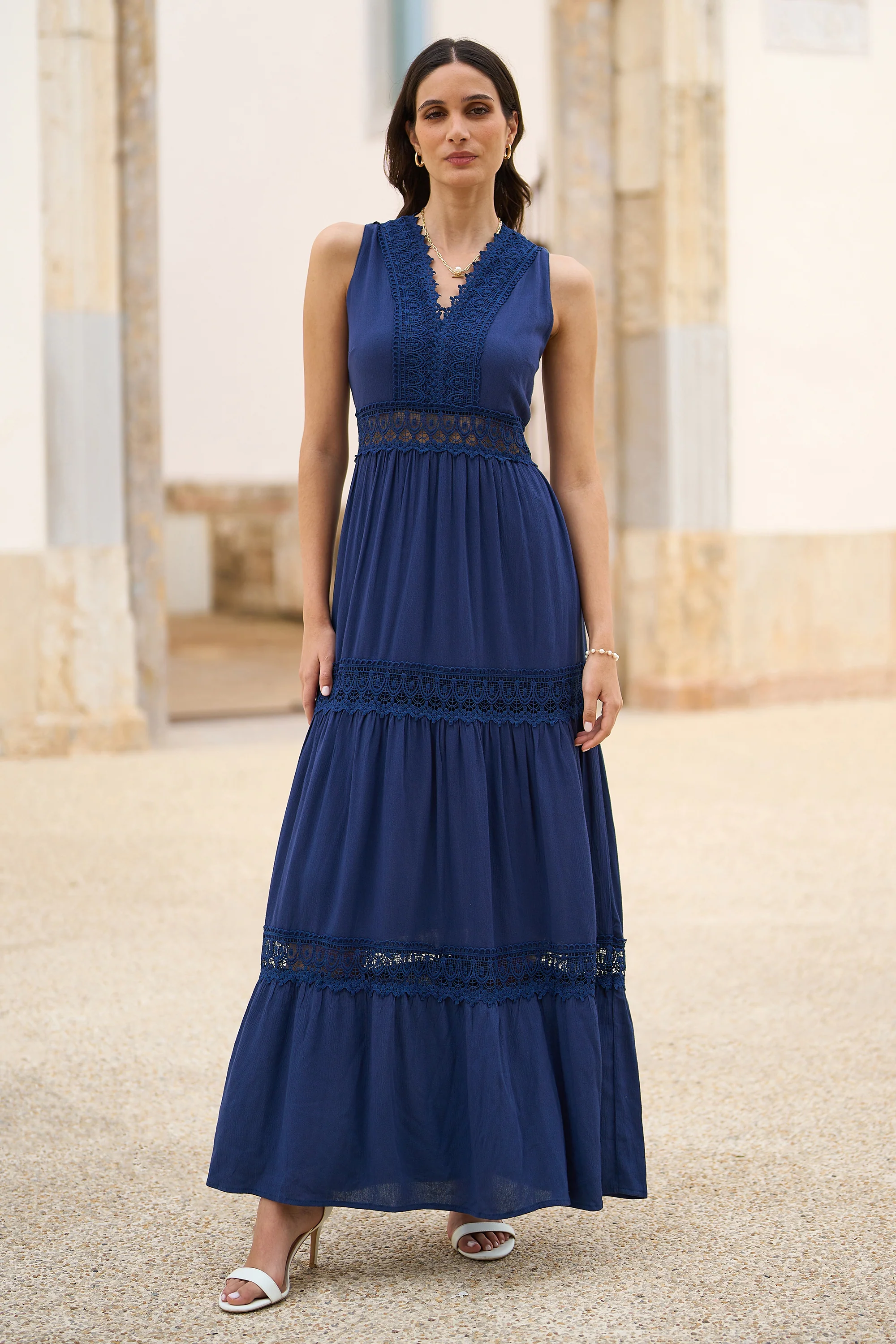 Yumi Navy Lace Trim Cotton Midi Sun Dress - Image 3