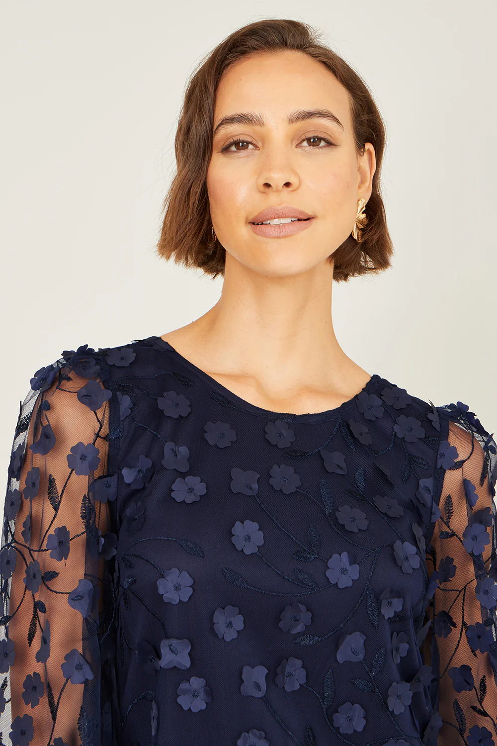 Yumi Navy Long Sleeve Floral Applique Tunic - Image 3