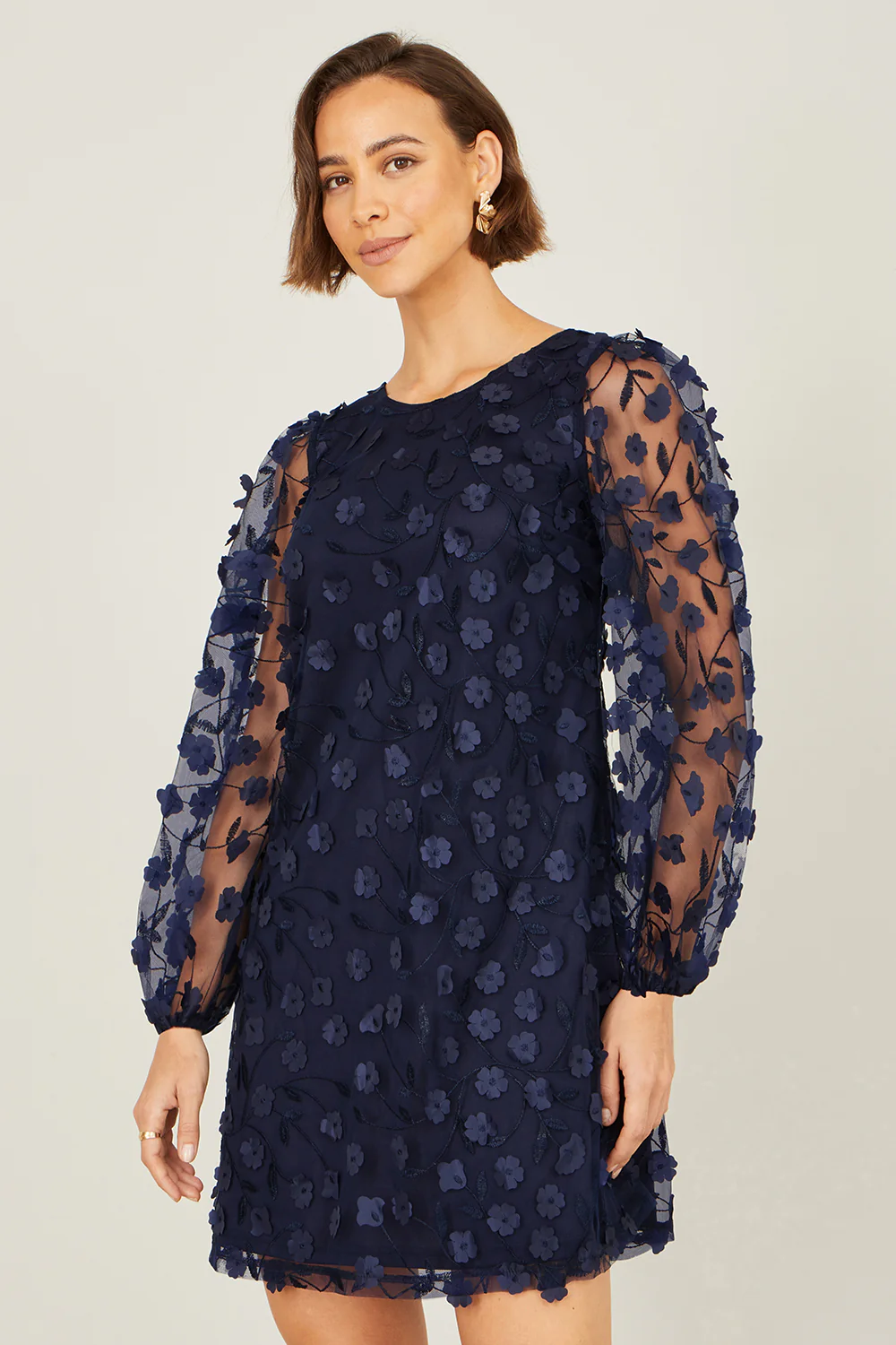 Yumi Navy Long Sleeve Floral Applique Tunic - Image 4