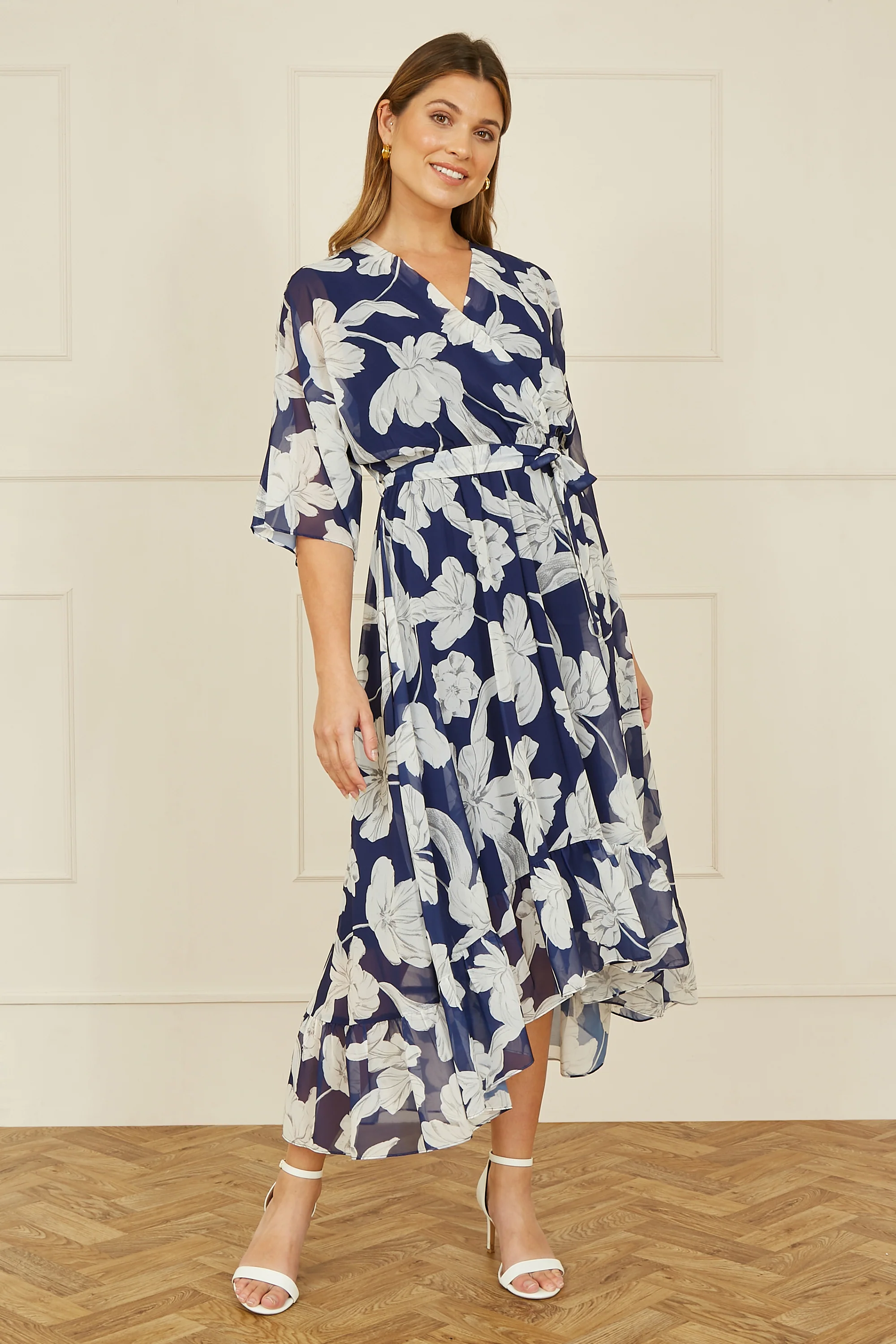 Yumi Navy Mesh Bird And Floral Print Midi Dress With Ruffles - Image 3