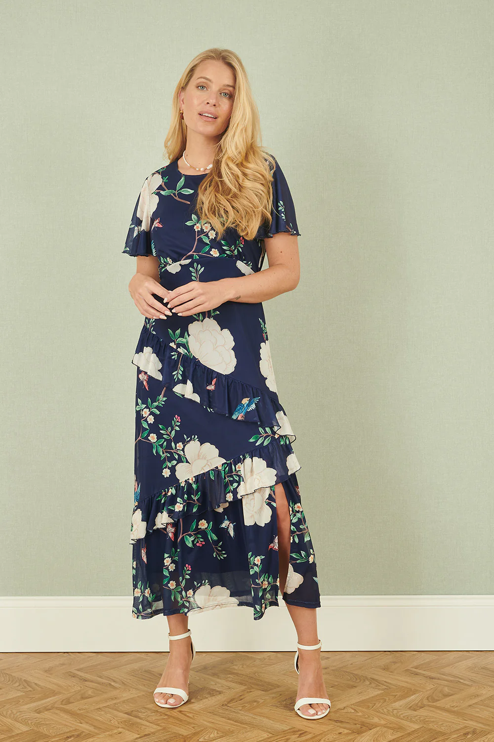 Yumi Navy Mesh Bird And Floral Print Midi Dress With Ruffles - Image 3