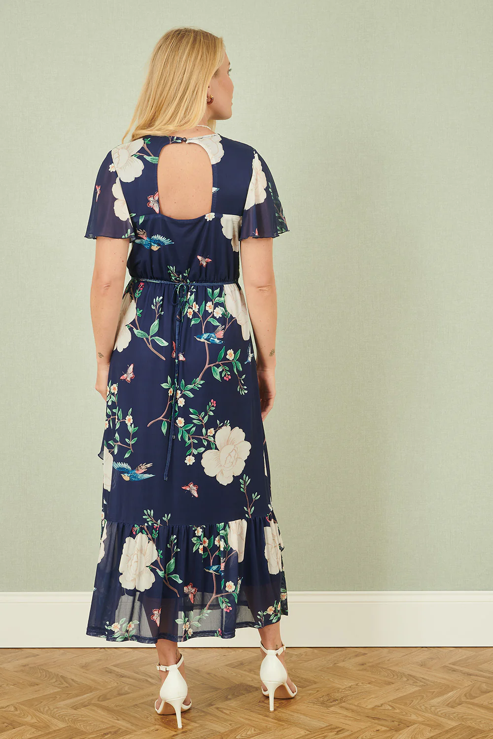 Yumi Navy Mesh Bird And Floral Print Midi Dress With Ruffles - Image 4