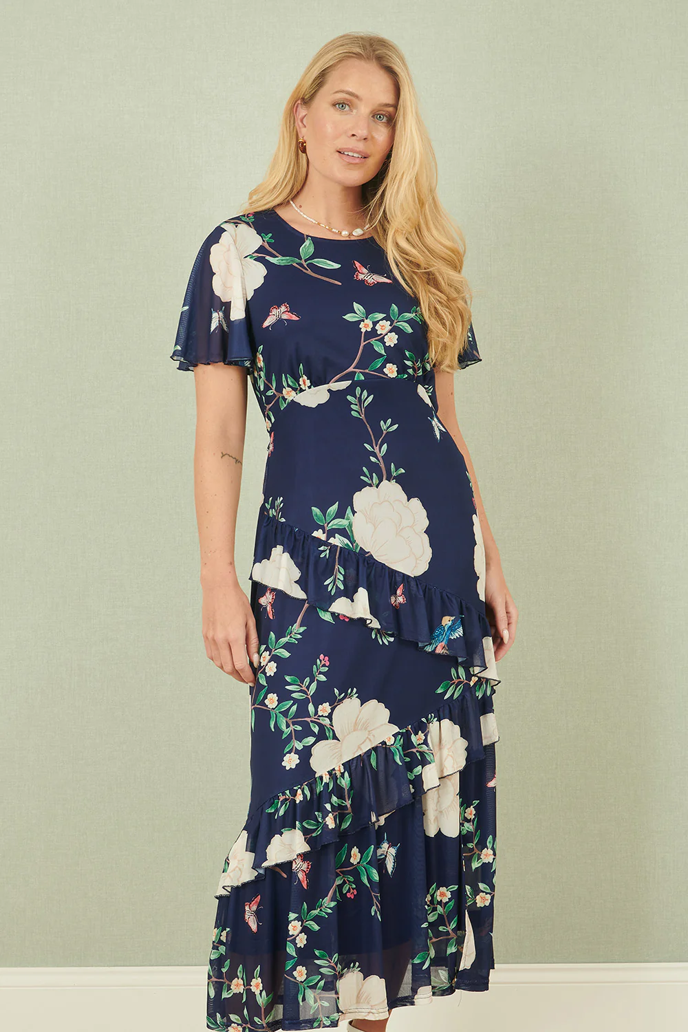Yumi Navy Mesh Bird And Floral Print Midi Dress With Ruffles - Image 5