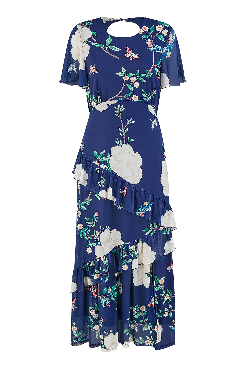 Yumi Navy Mesh Bird And Floral Print Midi Dress With Ruffles - Image 6