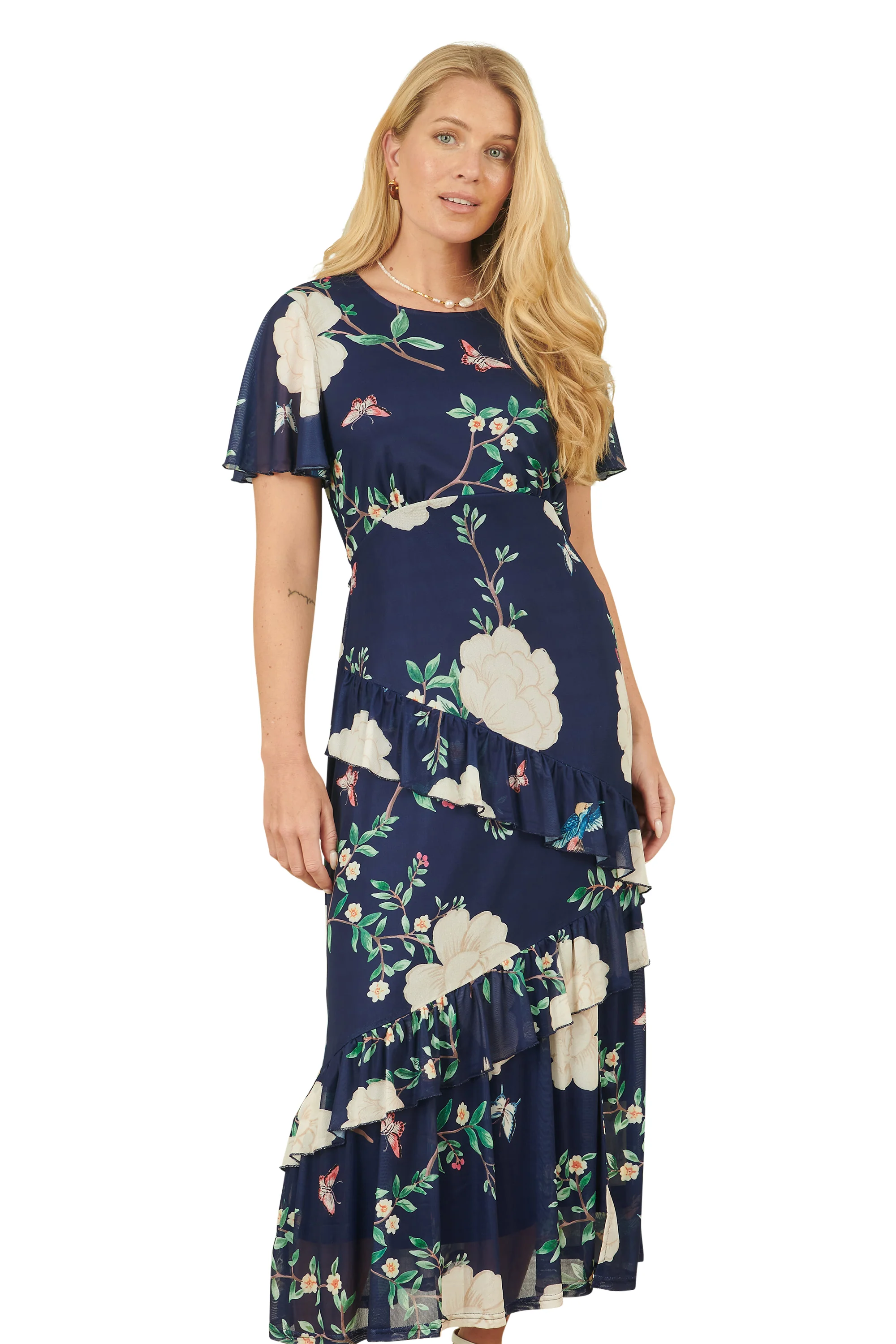 Yumi Navy Mesh Bird And Floral Print Midi Dress With Ruffles - Image 7
