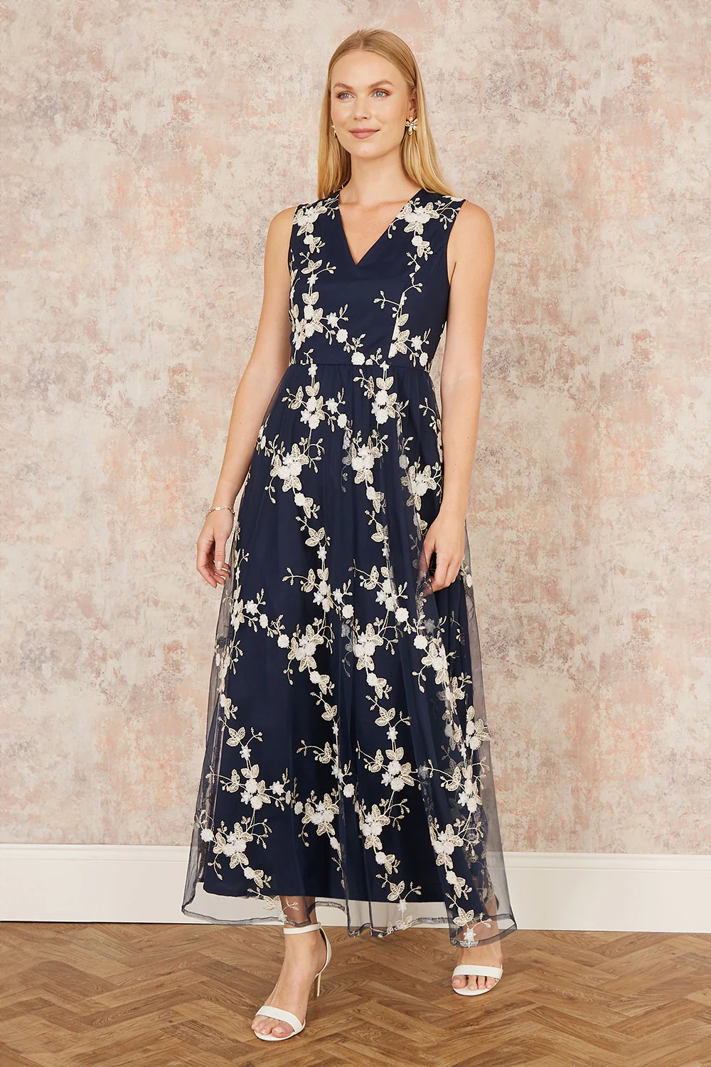 Yumi Navy Mesh Embroidered Maxi Dress - Image 3