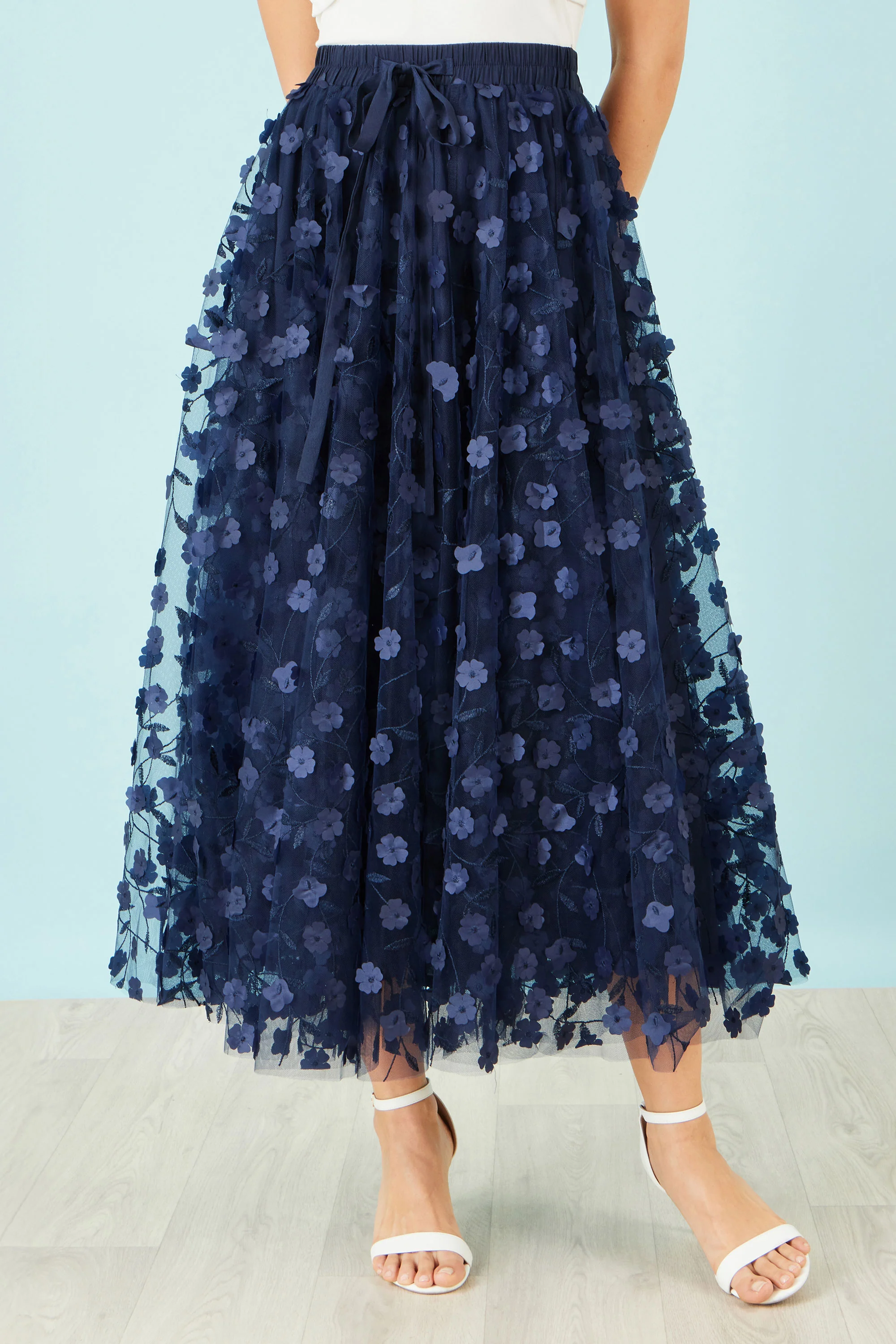 Yumi Navy Mesh Floral Applique Midi Skirt - Image 3