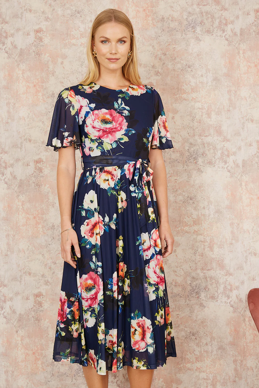 Yumi Navy Mesh Floral Print Midi Dress With Angel Sleeves - Image 3
