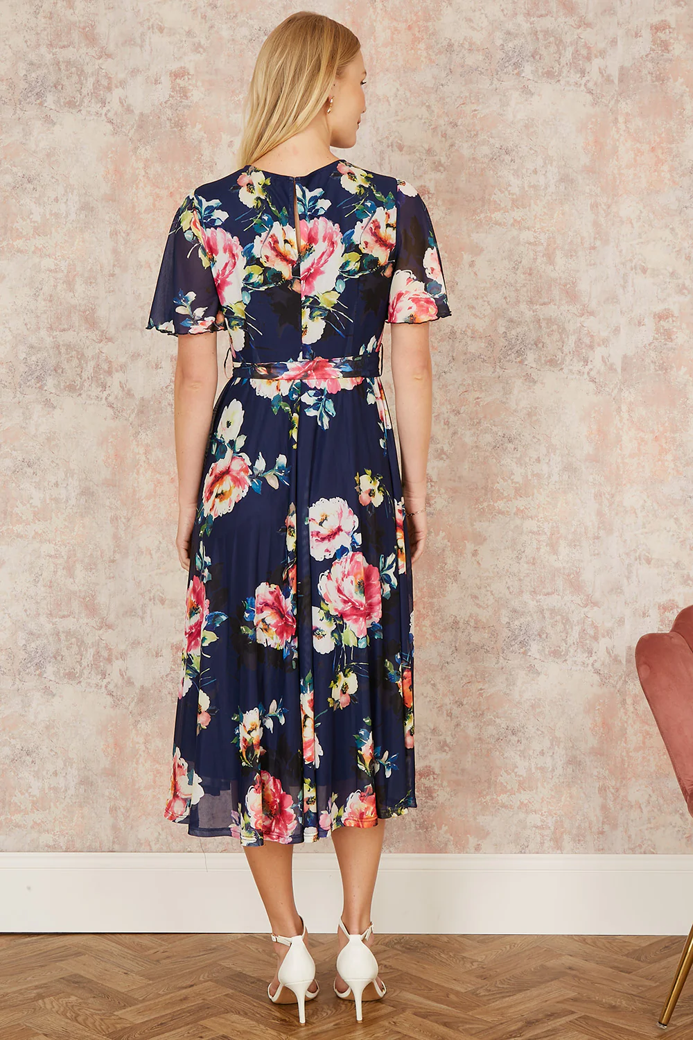 Yumi Navy Mesh Floral Print Midi Dress With Angel Sleeves - Image 4