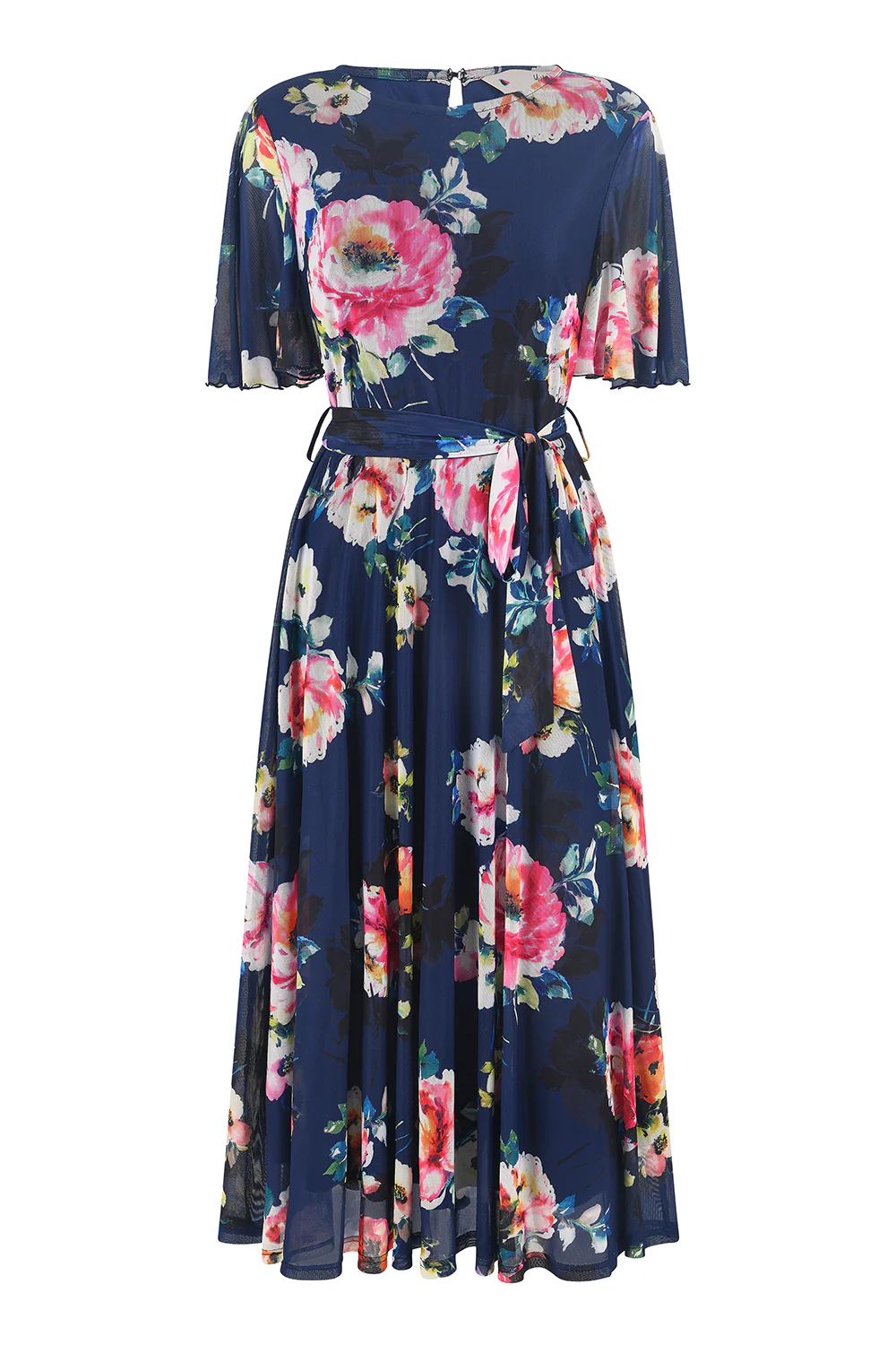 Yumi Navy Mesh Floral Print Midi Dress With Angel Sleeves - Image 5