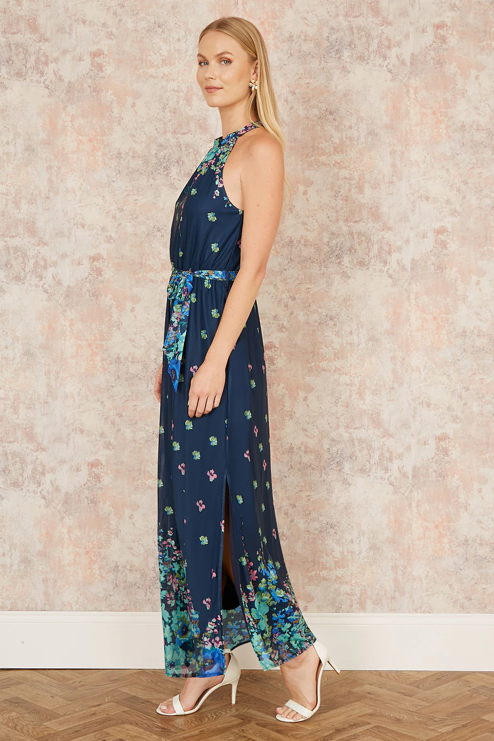 Yumi Navy Mirror Floral Print Maxi Halter neck Dress - Image 4