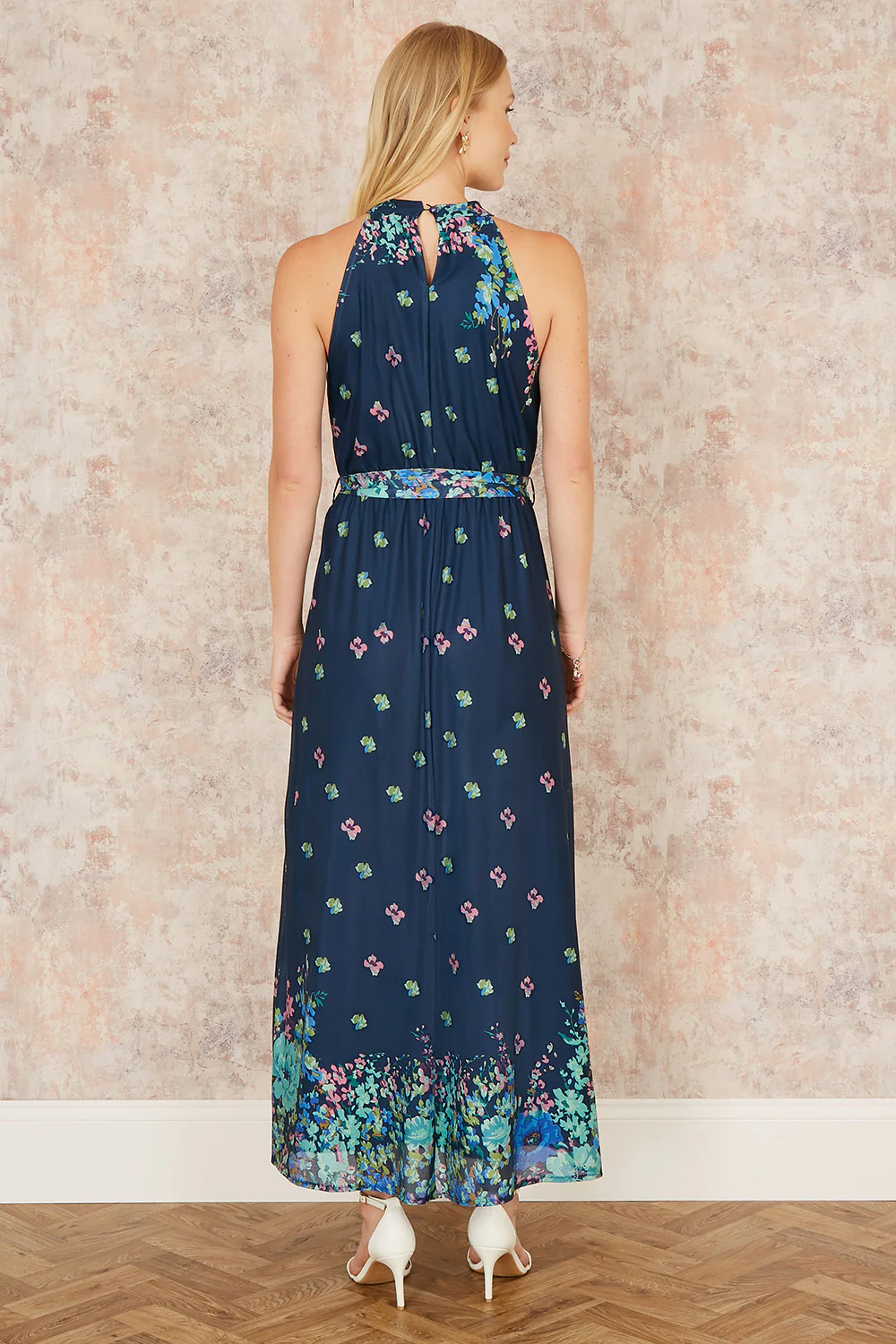 Yumi Navy Mirror Floral Print Maxi Halter neck Dress - Image 5