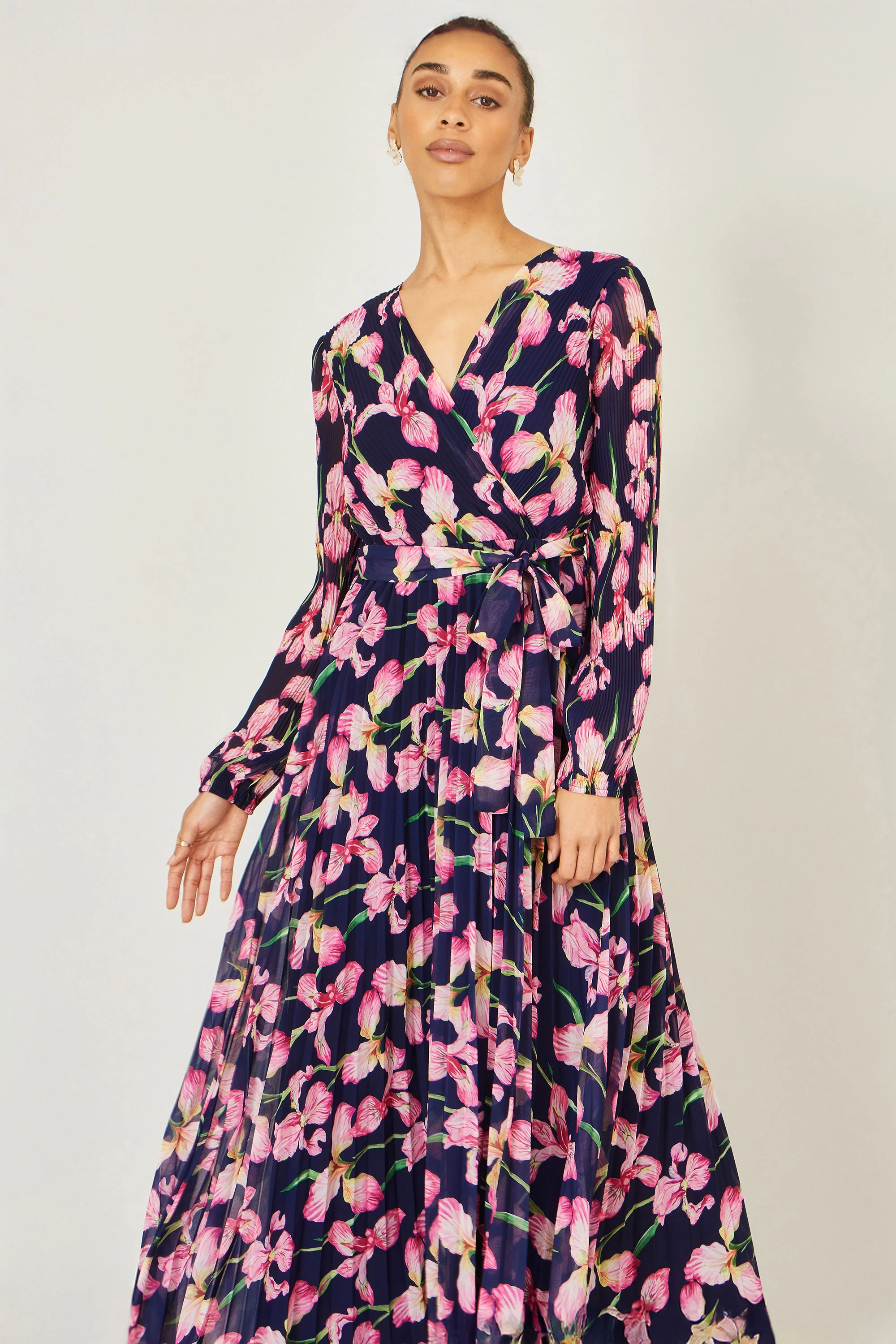 Yumi Navy Orchid Floral Pleated Wrap Maxi Dress - Image 4