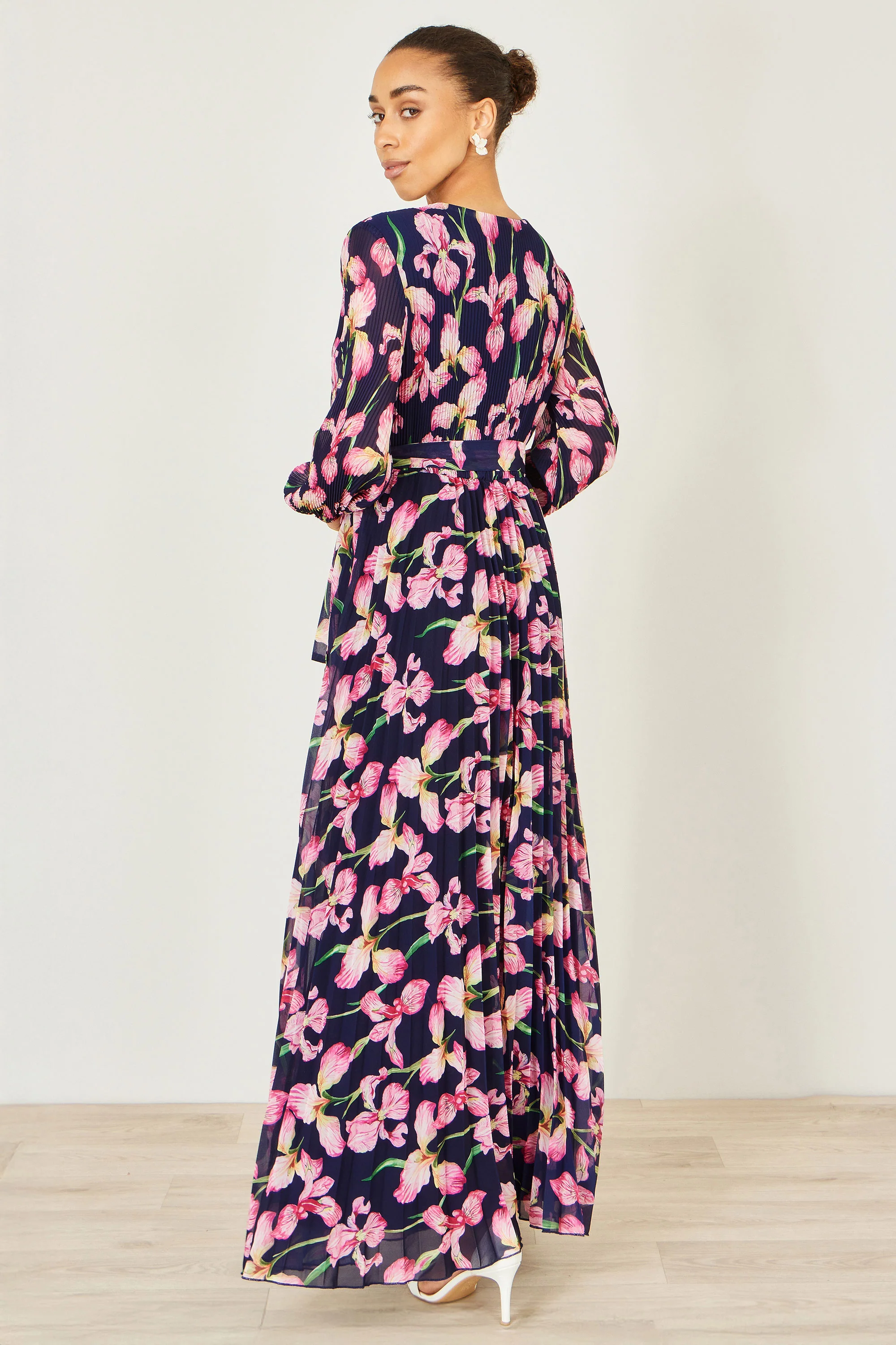 Yumi Navy Orchid Floral Pleated Wrap Maxi Dress - Image 5
