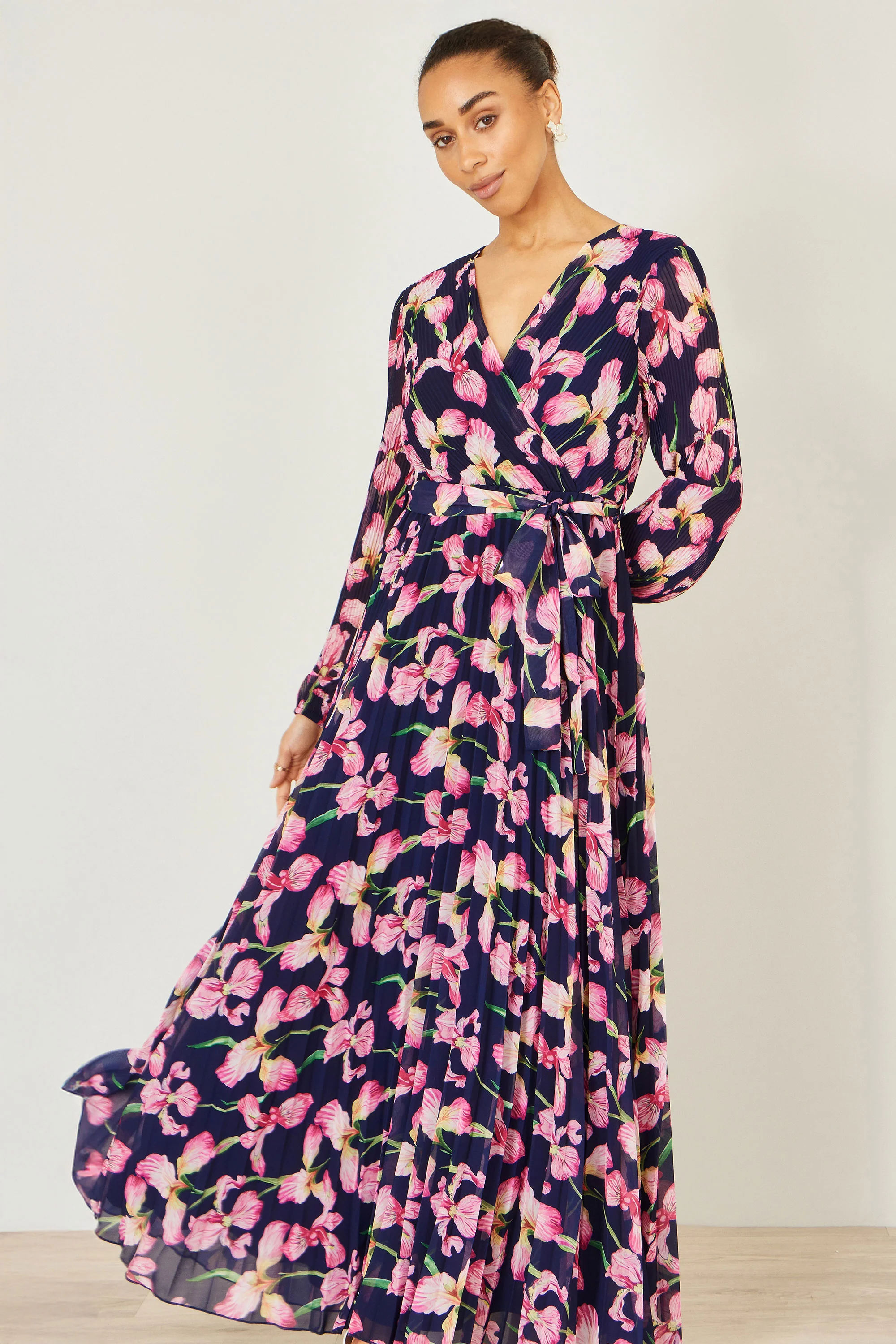 Yumi Navy Orchid Floral Pleated Wrap Maxi Dress - Image 6