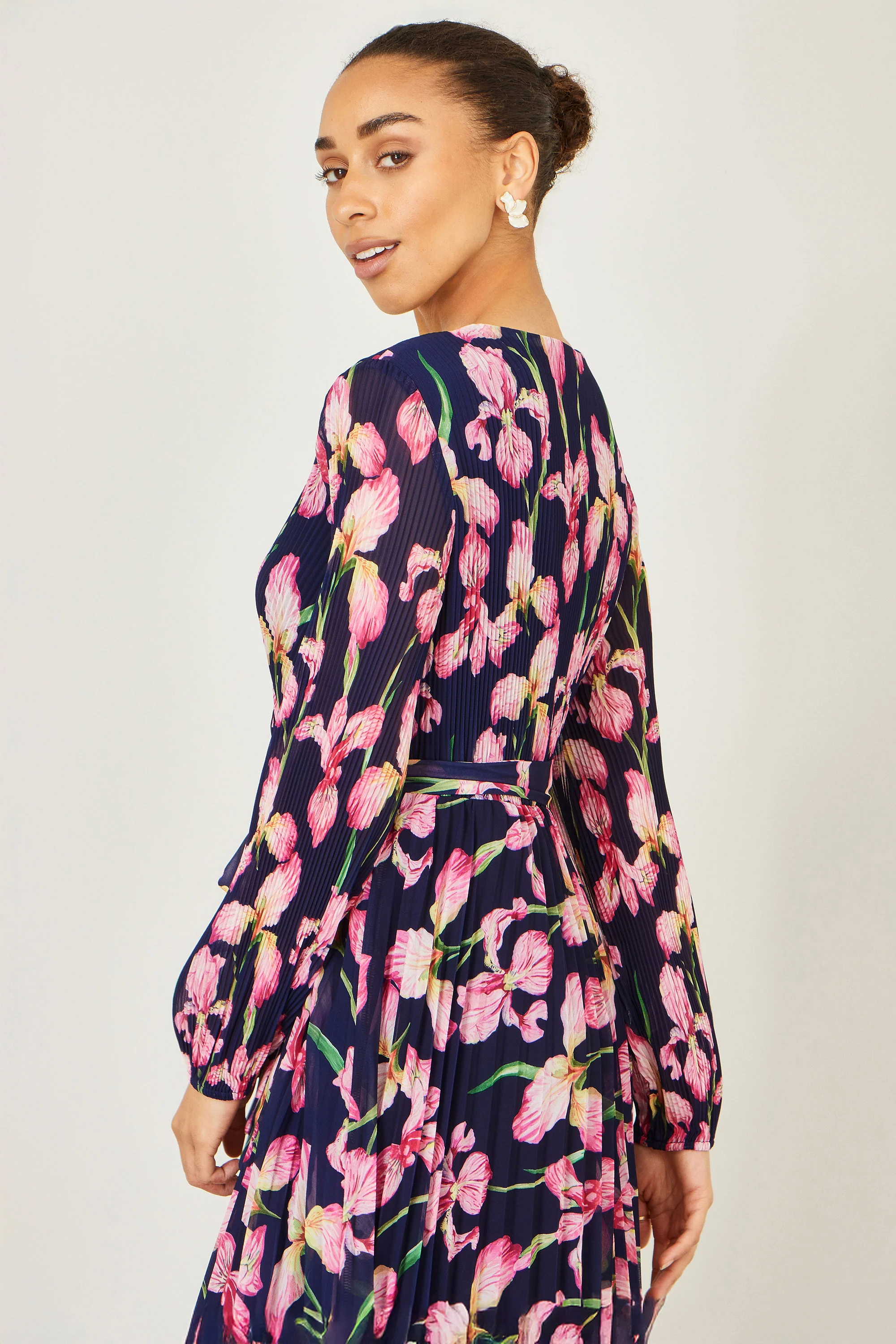 Yumi Navy Orchid Floral Pleated Wrap Maxi Dress - Image 7