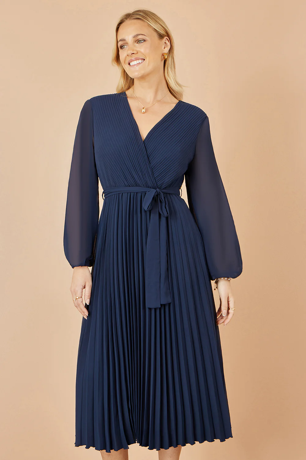 Yumi Navy Pleated Wrap Midi Dress With Sheer Long Sleeves - Image 6