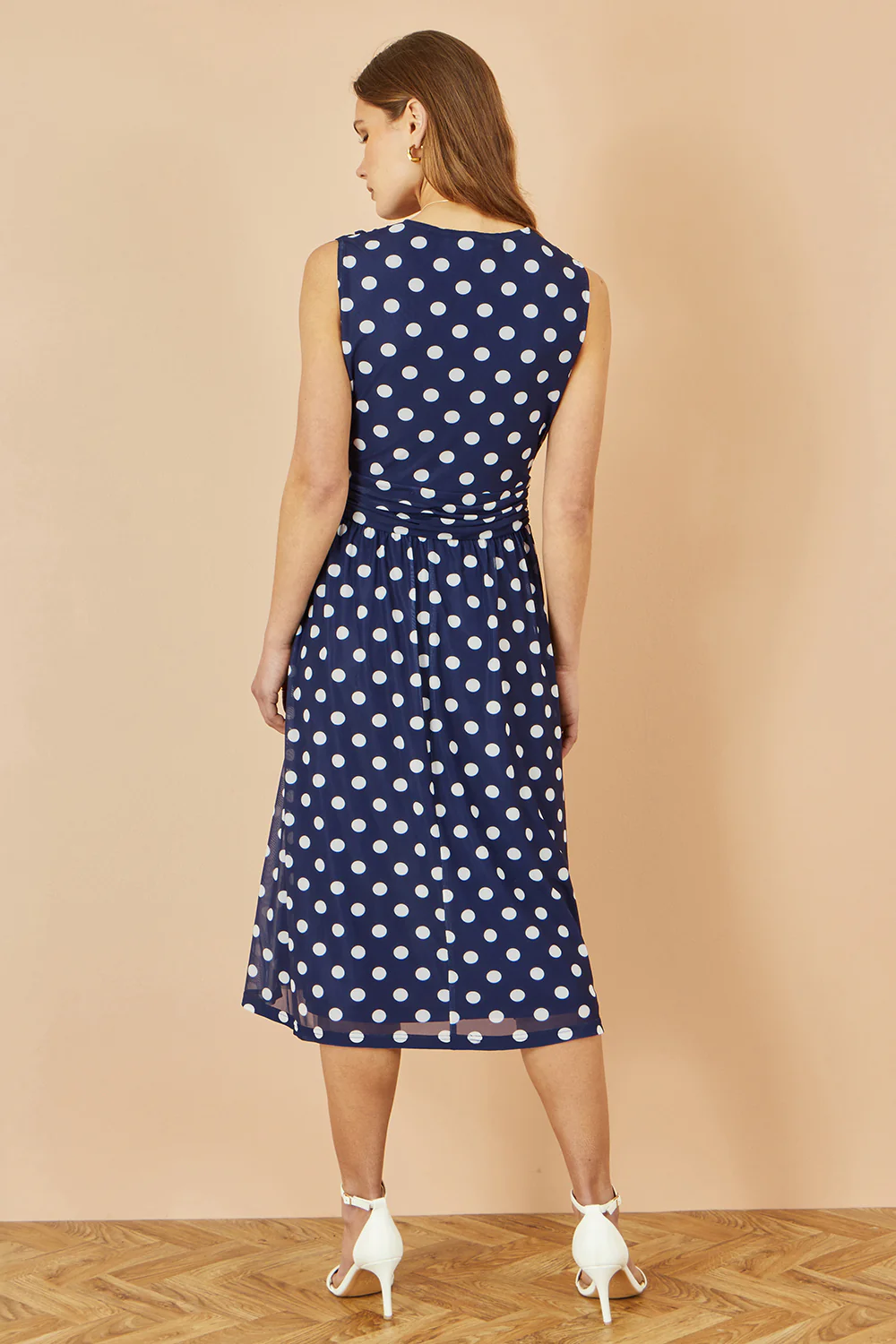 Yumi Navy Polka Dot Mesh Wrap Skater Dress With Pockets - Image 4