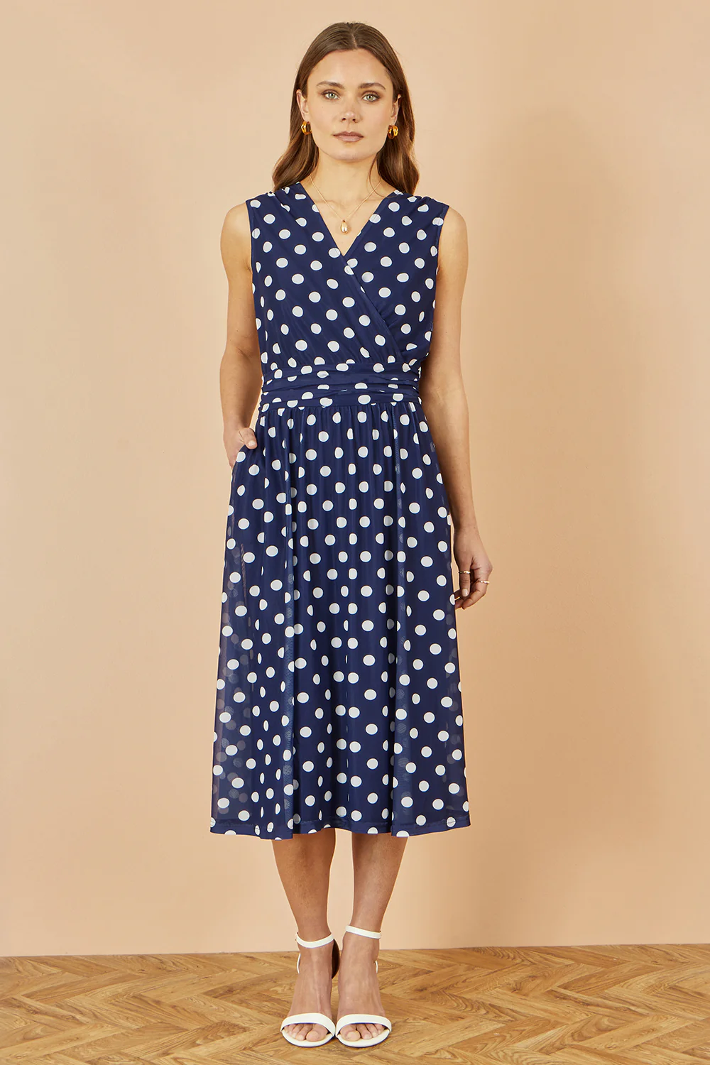 Yumi Navy Polka Dot Mesh Wrap Skater Dress With Pockets - Image 5