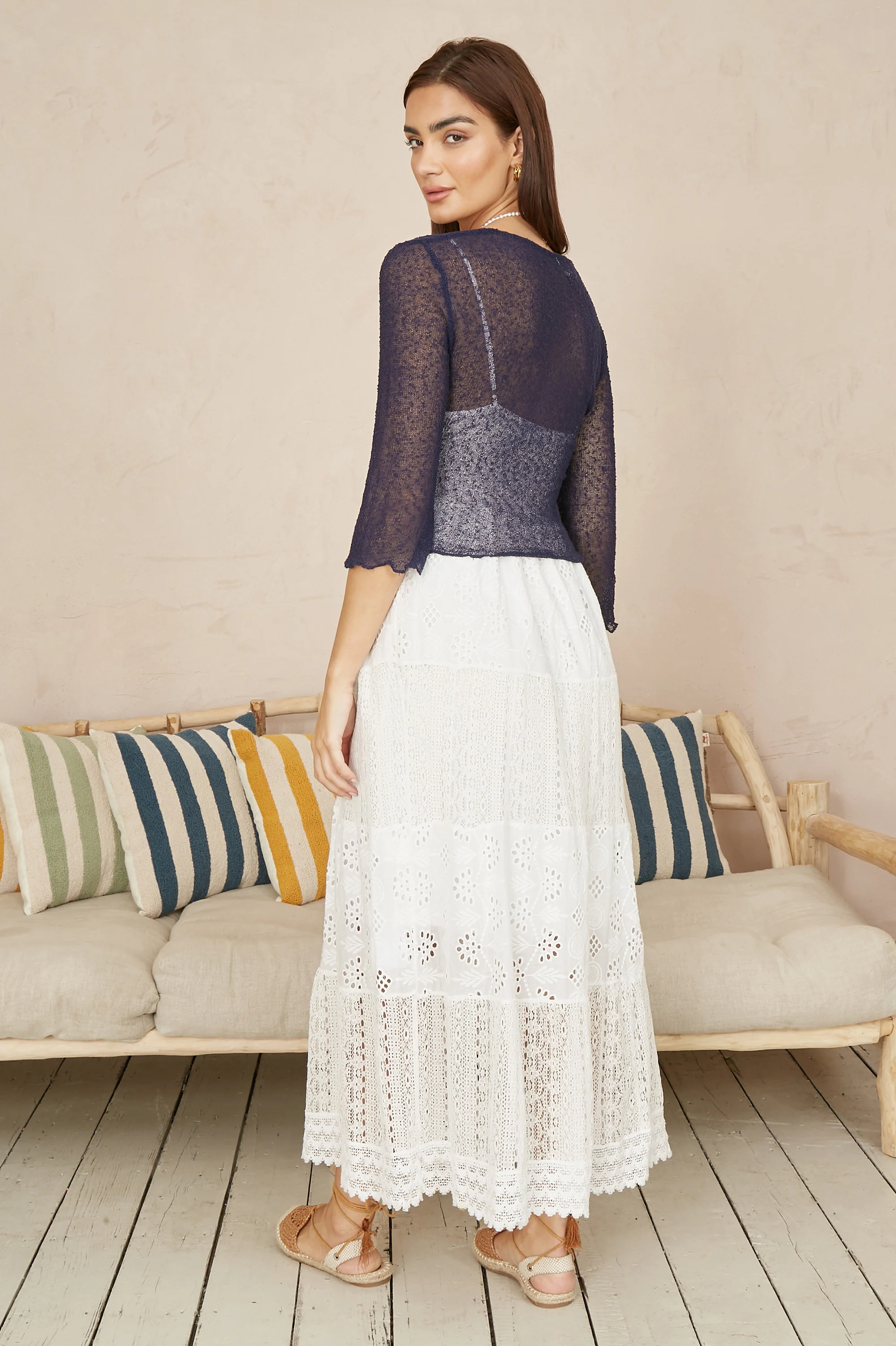 Yumi Navy Popcorn Yarn Tie Front Bolero - Image 3