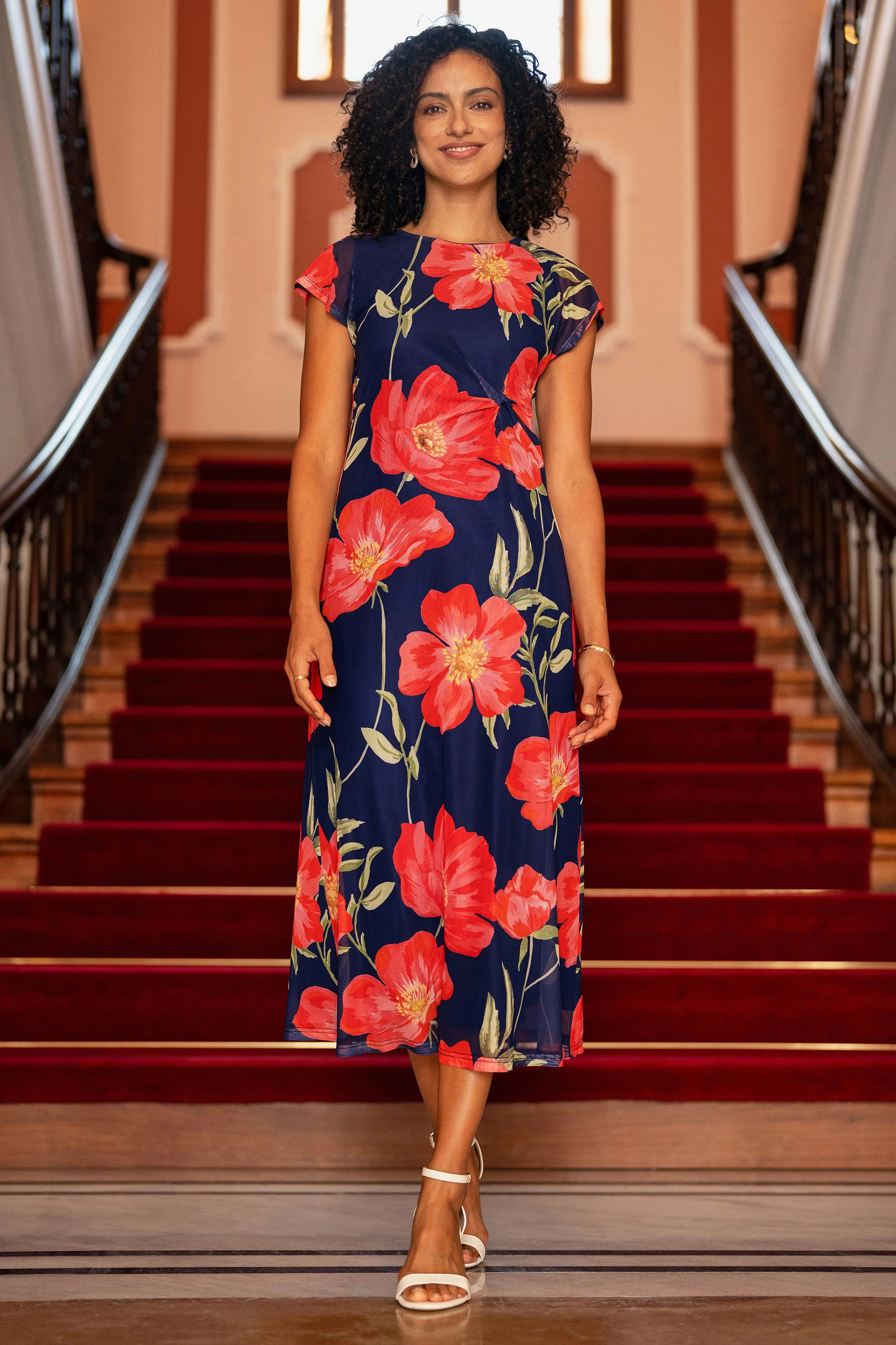 Yumi Navy Poppy Print Midi Mesh Dress