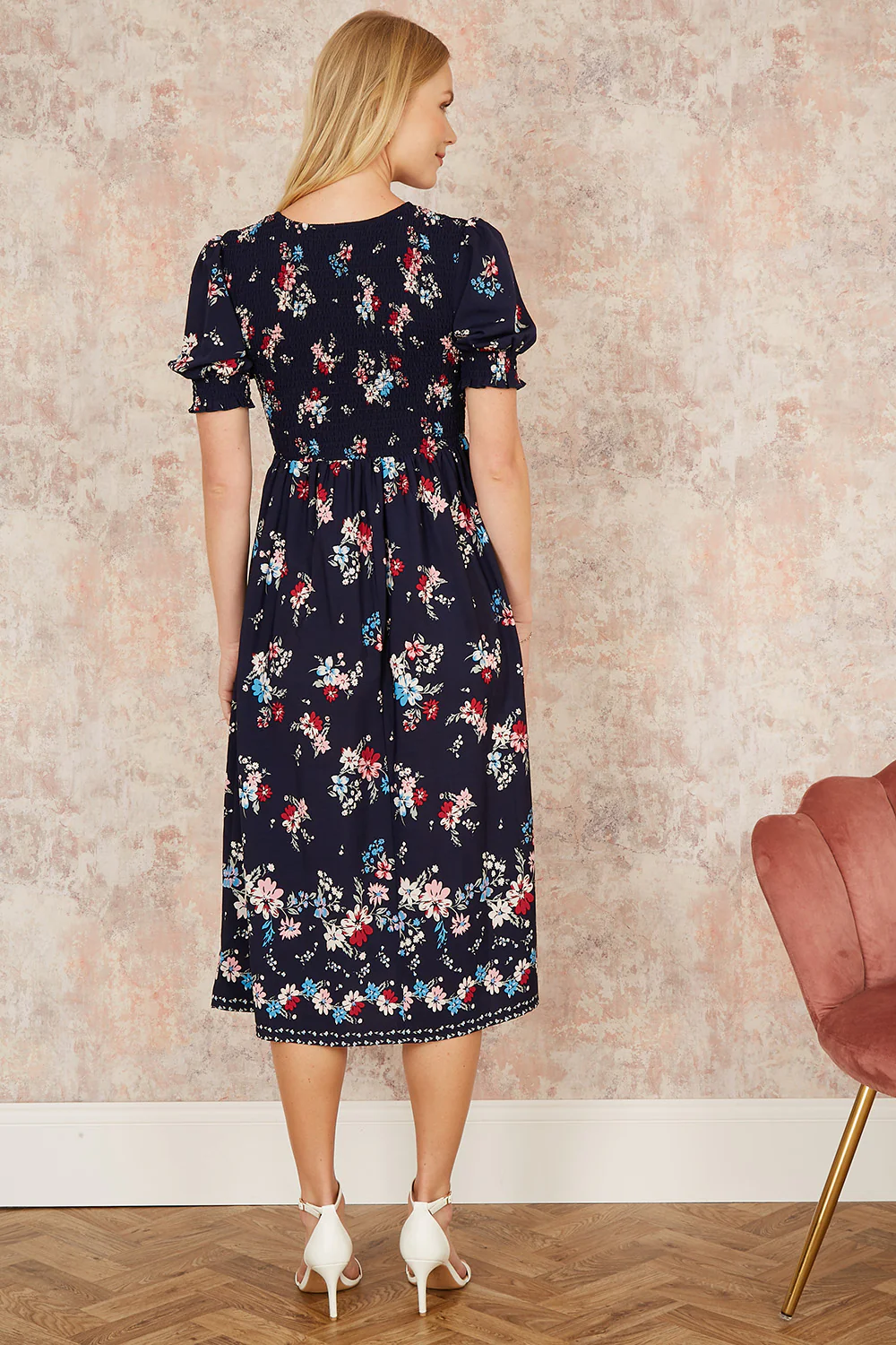 Yumi Navy Recycled Floral Ruched Midi Dress With Puff Sleeves - Image 3