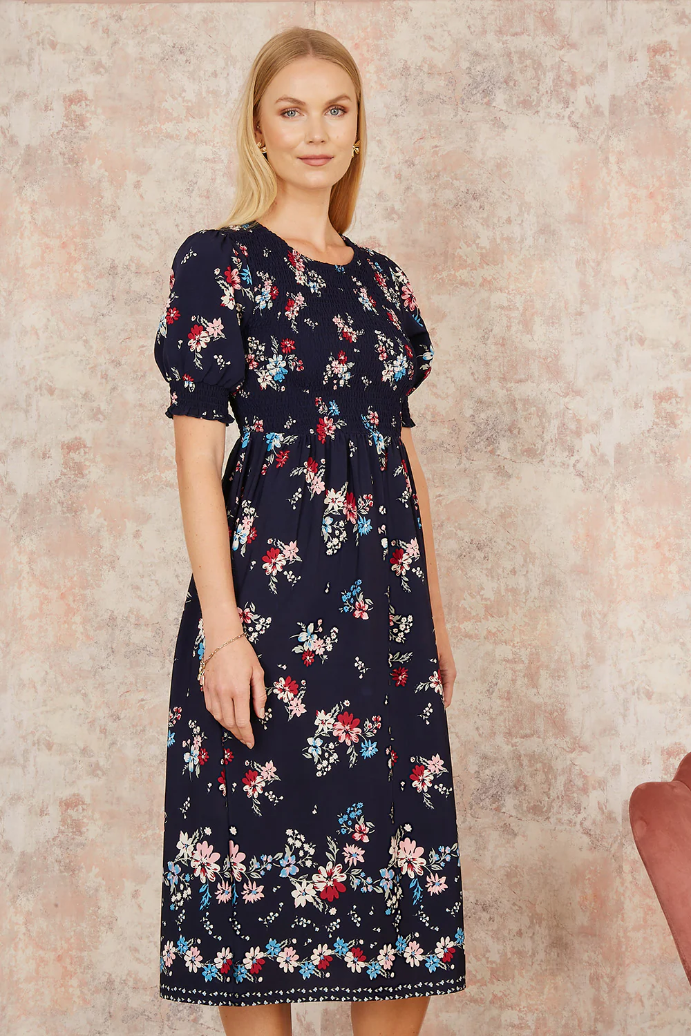 Yumi Navy Recycled Floral Ruched Midi Dress With Puff Sleeves - Image 4