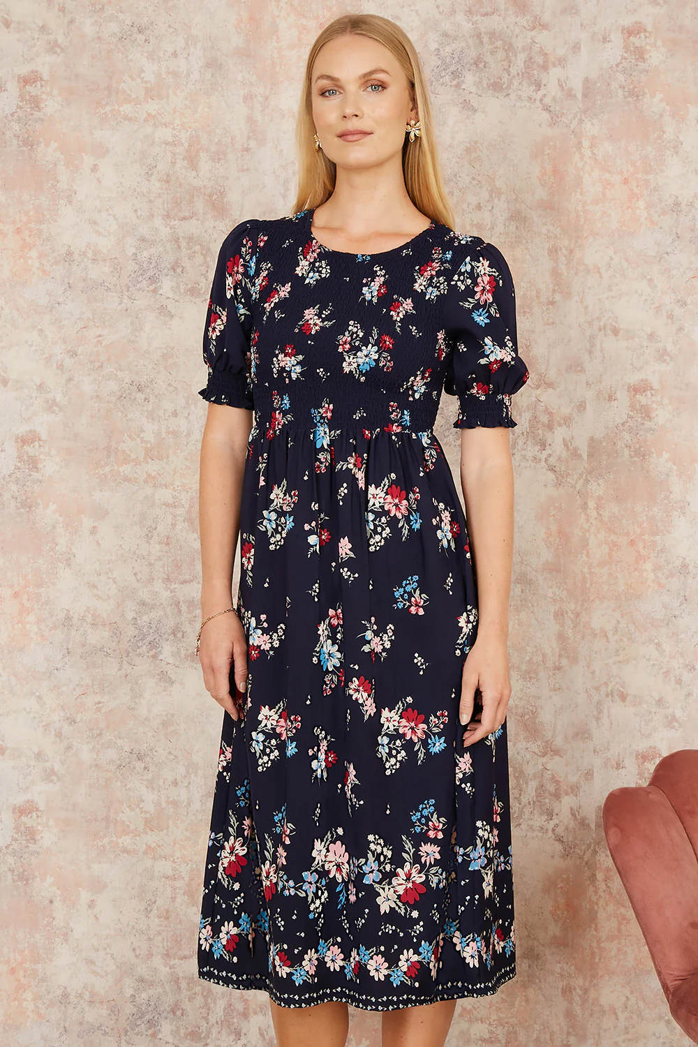Yumi Navy Recycled Floral Ruched Midi Dress With Puff Sleeves - Image 5