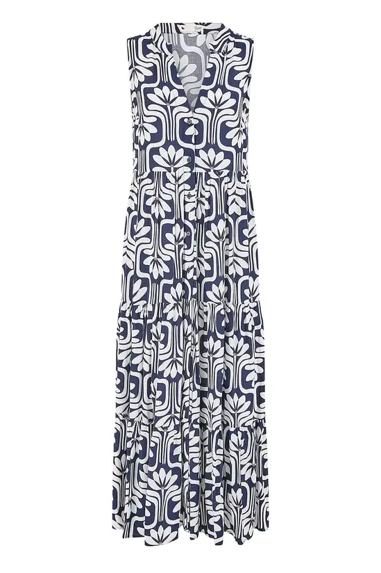 Yumi Navy Retro Print Relaxed Midi Dress - Image 4