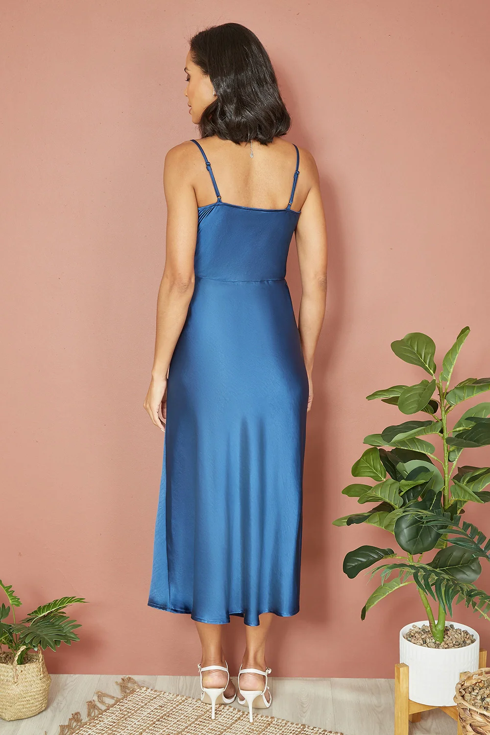 Yumi Navy Satin Cowl Neck Midi Slip Dress - Image 3