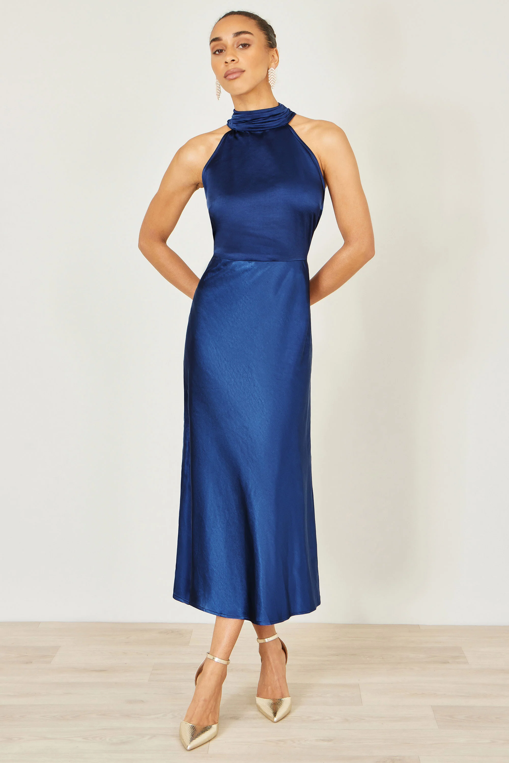 Yumi Navy Satin Halter Neck Midi Dress