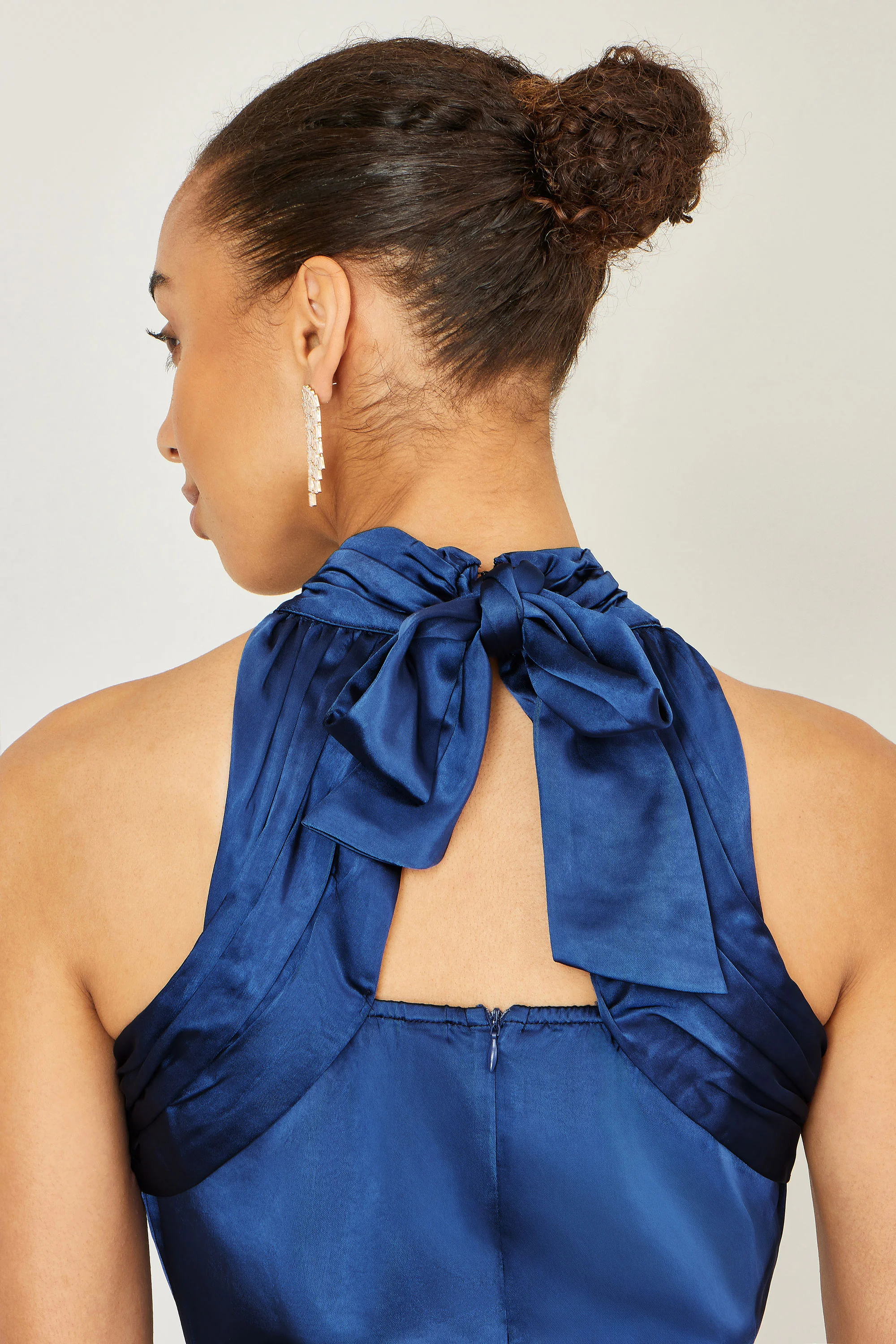 Yumi Navy Satin Halter Neck Midi Dress - Image 2